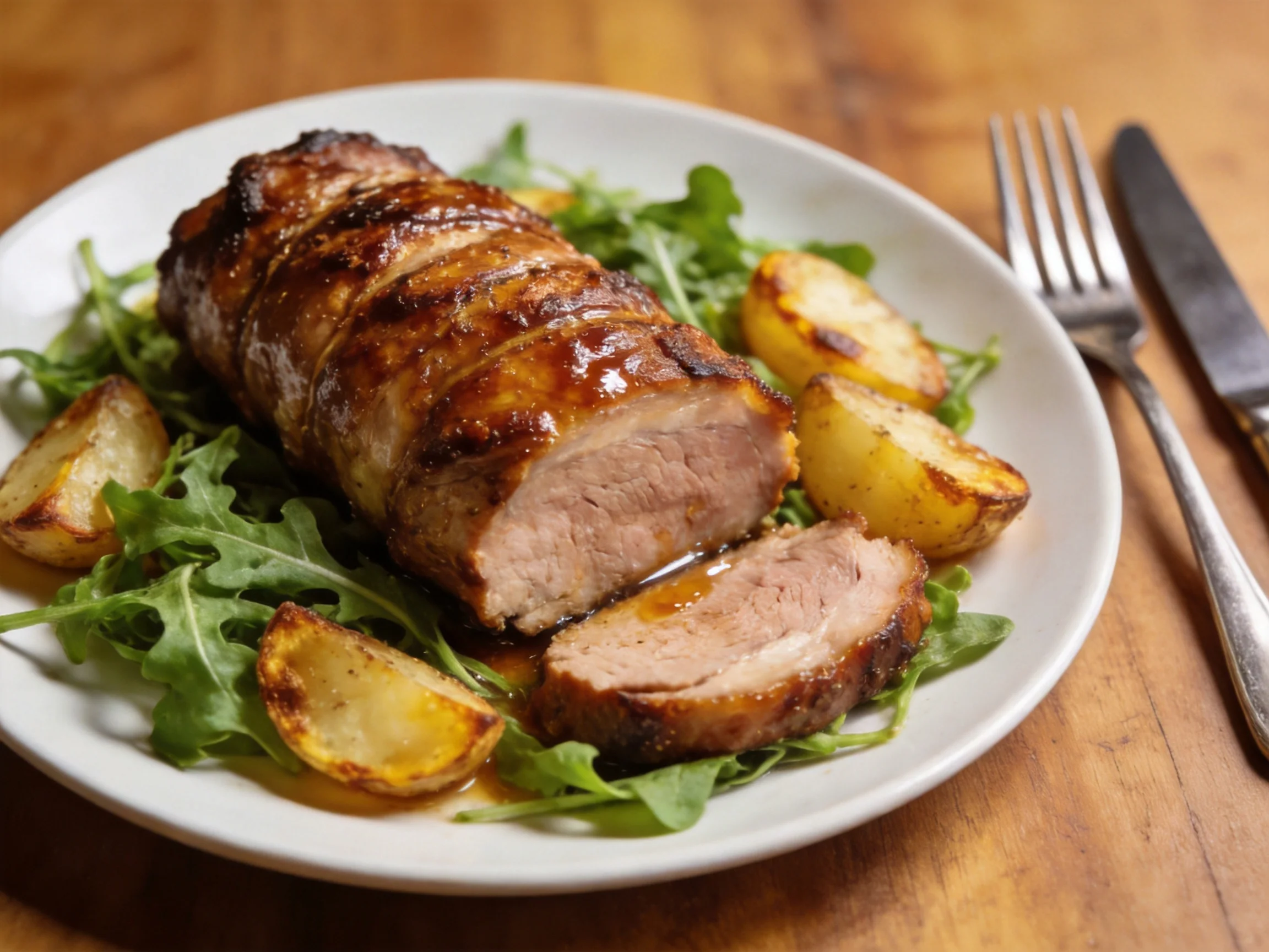 Golden-brown roasted pork roast with arugula and roasted potato wedges