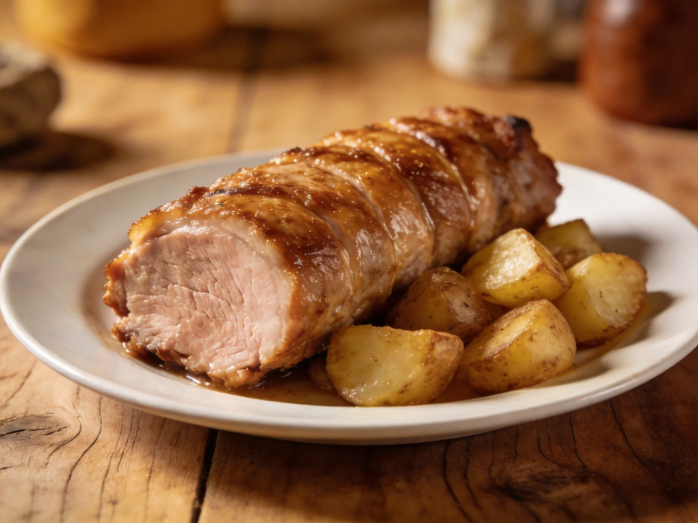 Golden-brown roasted pork tenderloin with seasoned potato cubes