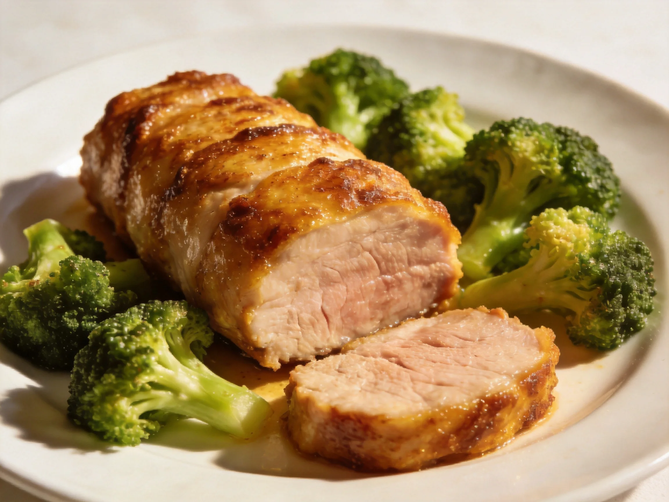 Golden-brown roasted pork tenderloin with vibrant green broccoli