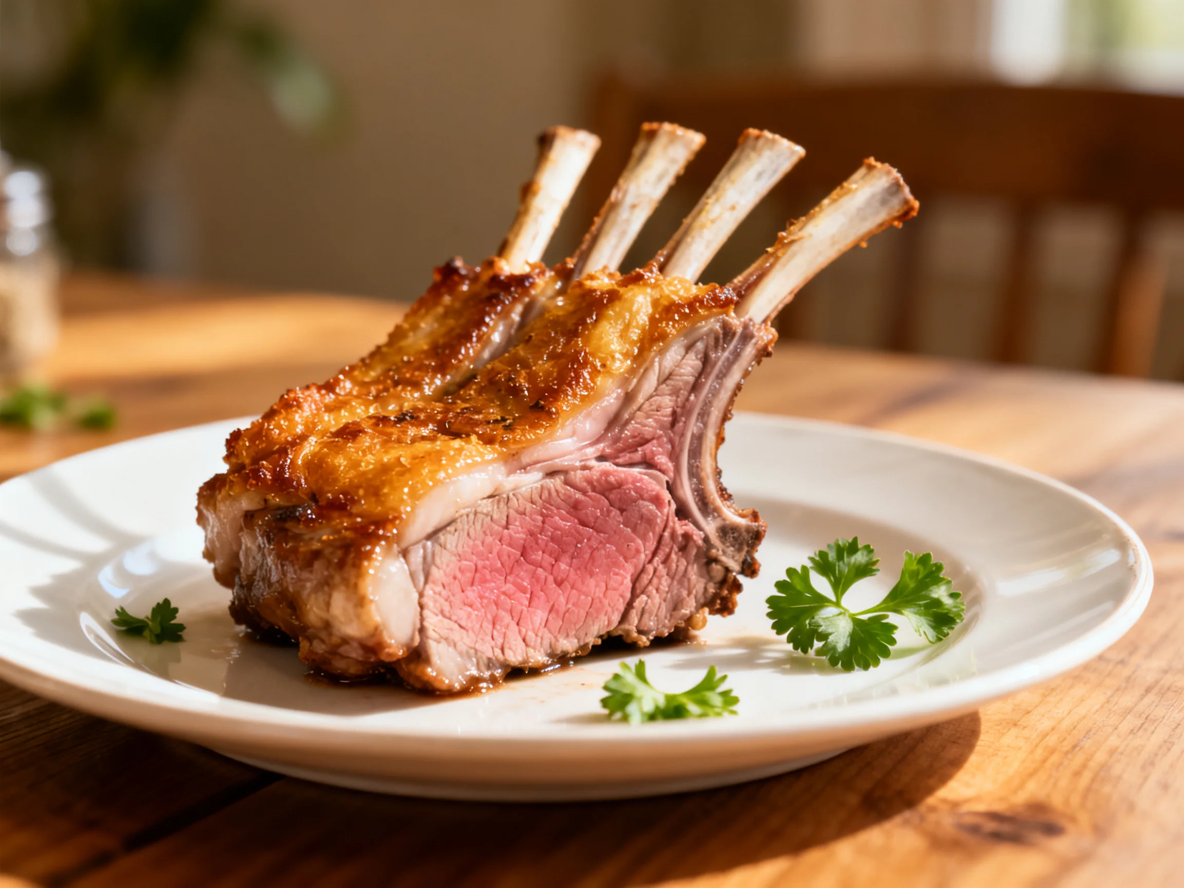 Golden-brown roasted rack of lamb on a white plate