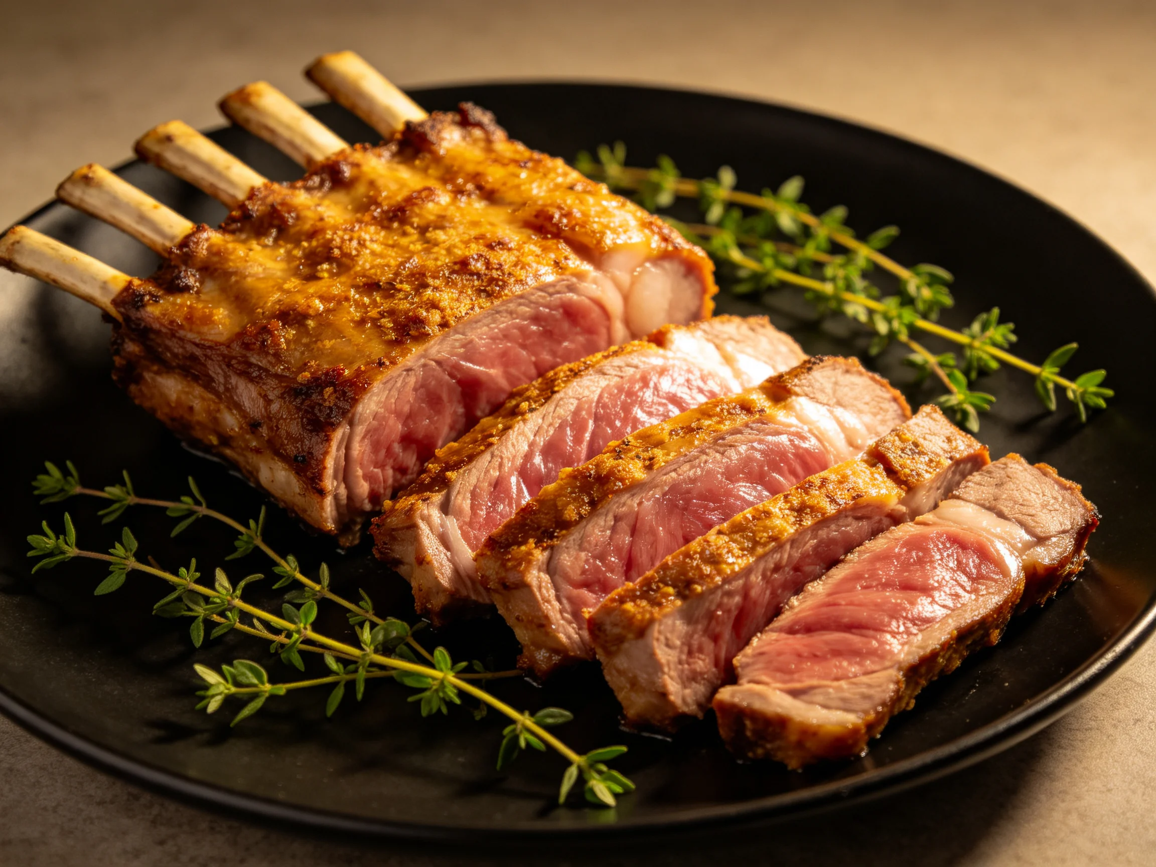 Golden-brown roasted rack of lamb sliced with fresh herbs