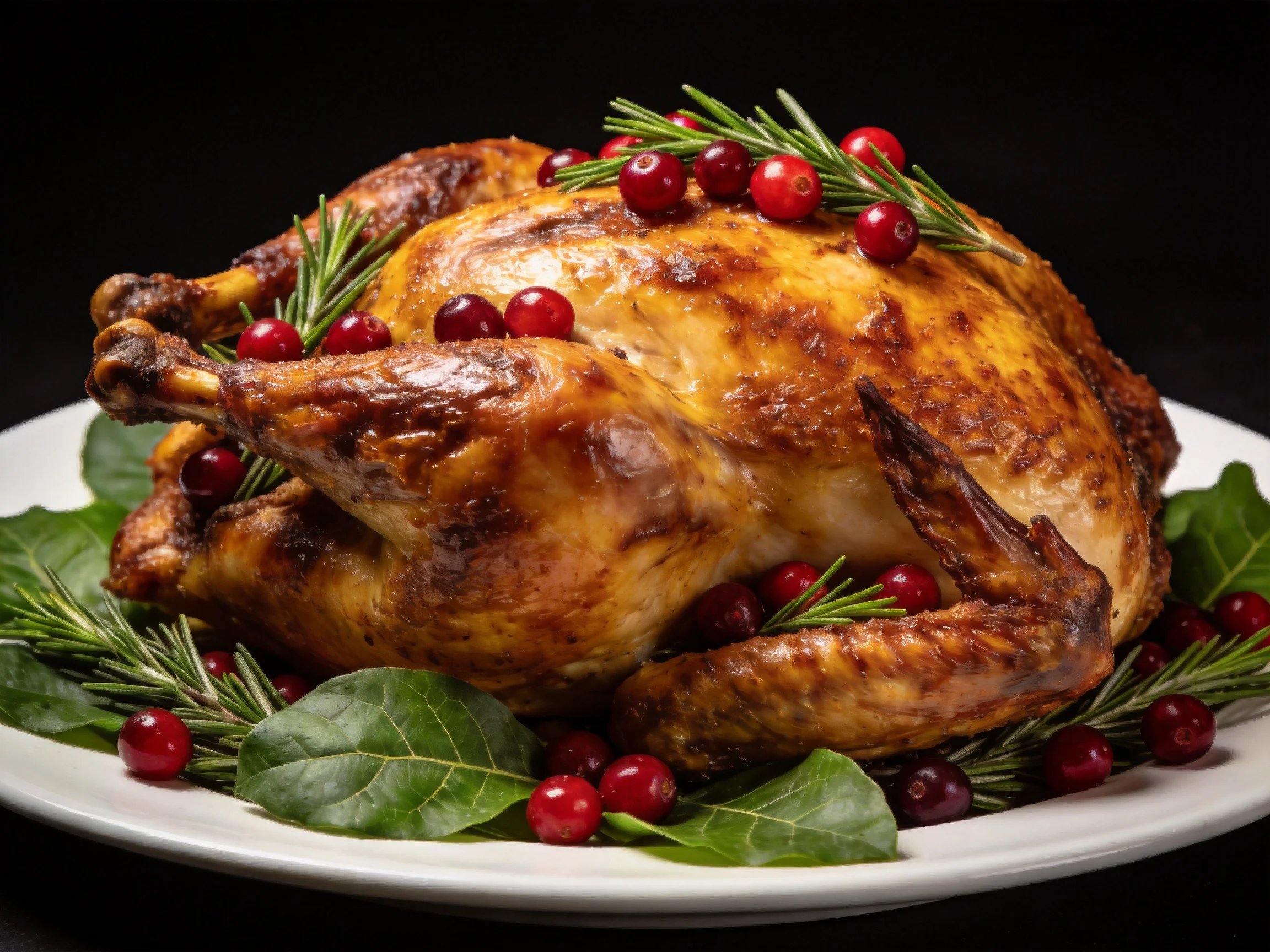 Golden-brown roasted turkey garnished with red cranberries and fresh rosemary