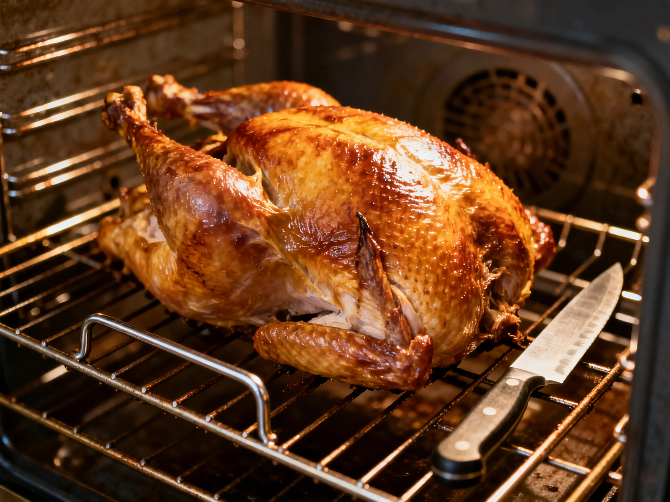 Golden-brown roasted turkey in an open oven with a large knife