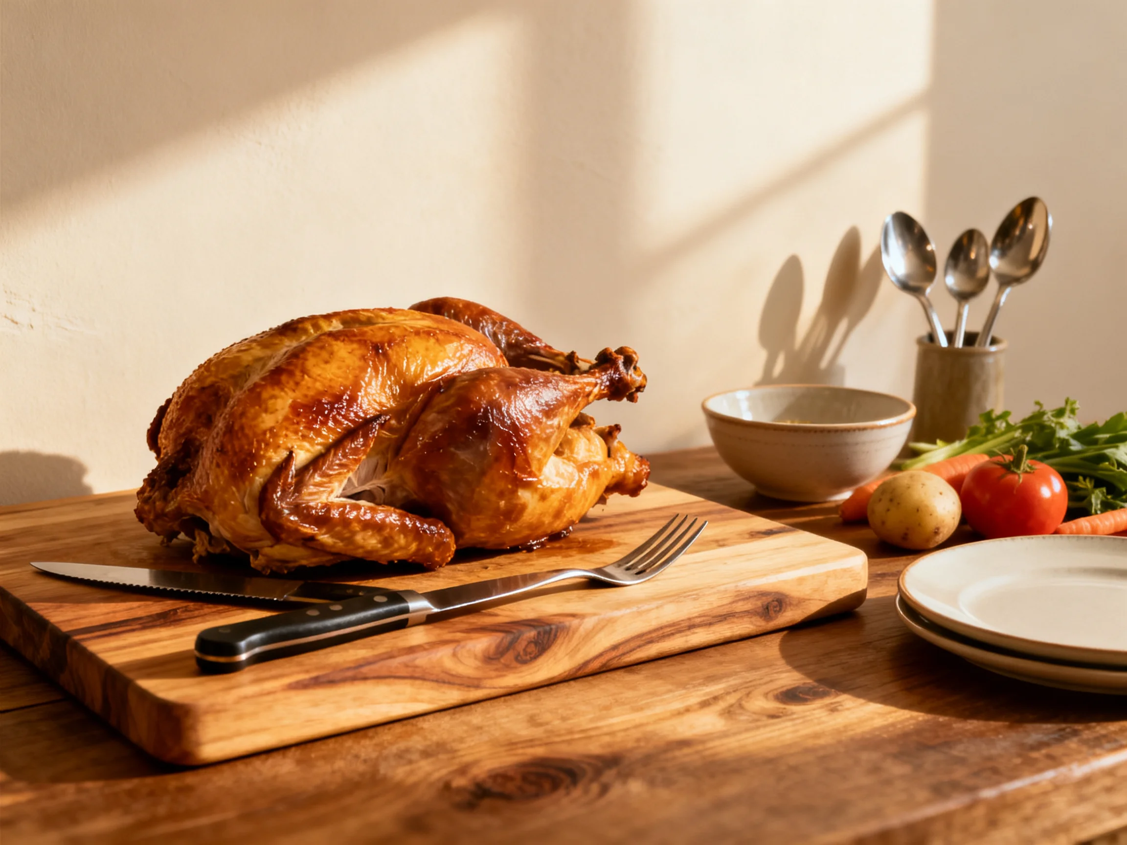 Golden-brown roasted turkey on wooden cutting board with utensils