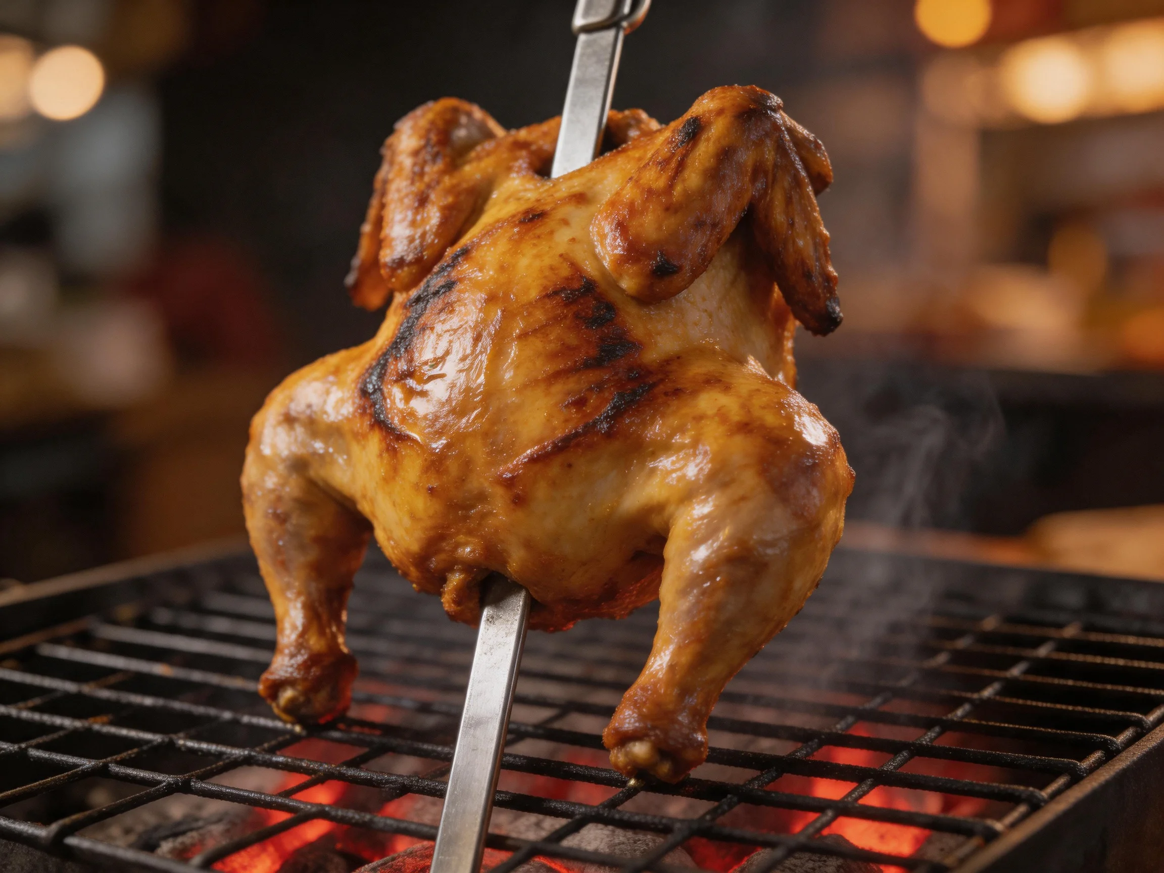 Golden-brown roasted whole chicken grilling over glowing embers