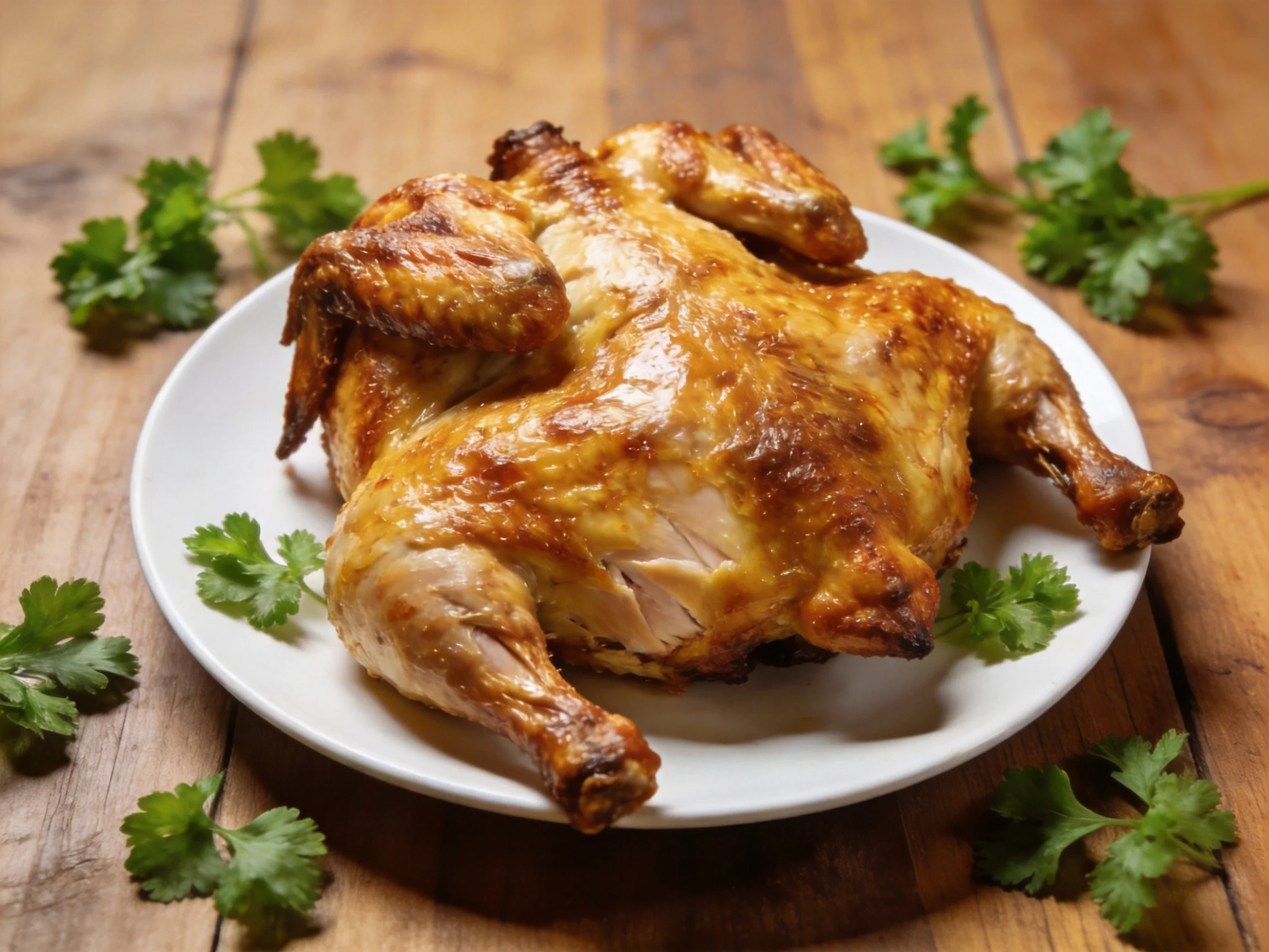 Golden-brown roasted whole chicken on a white plate with cilantro