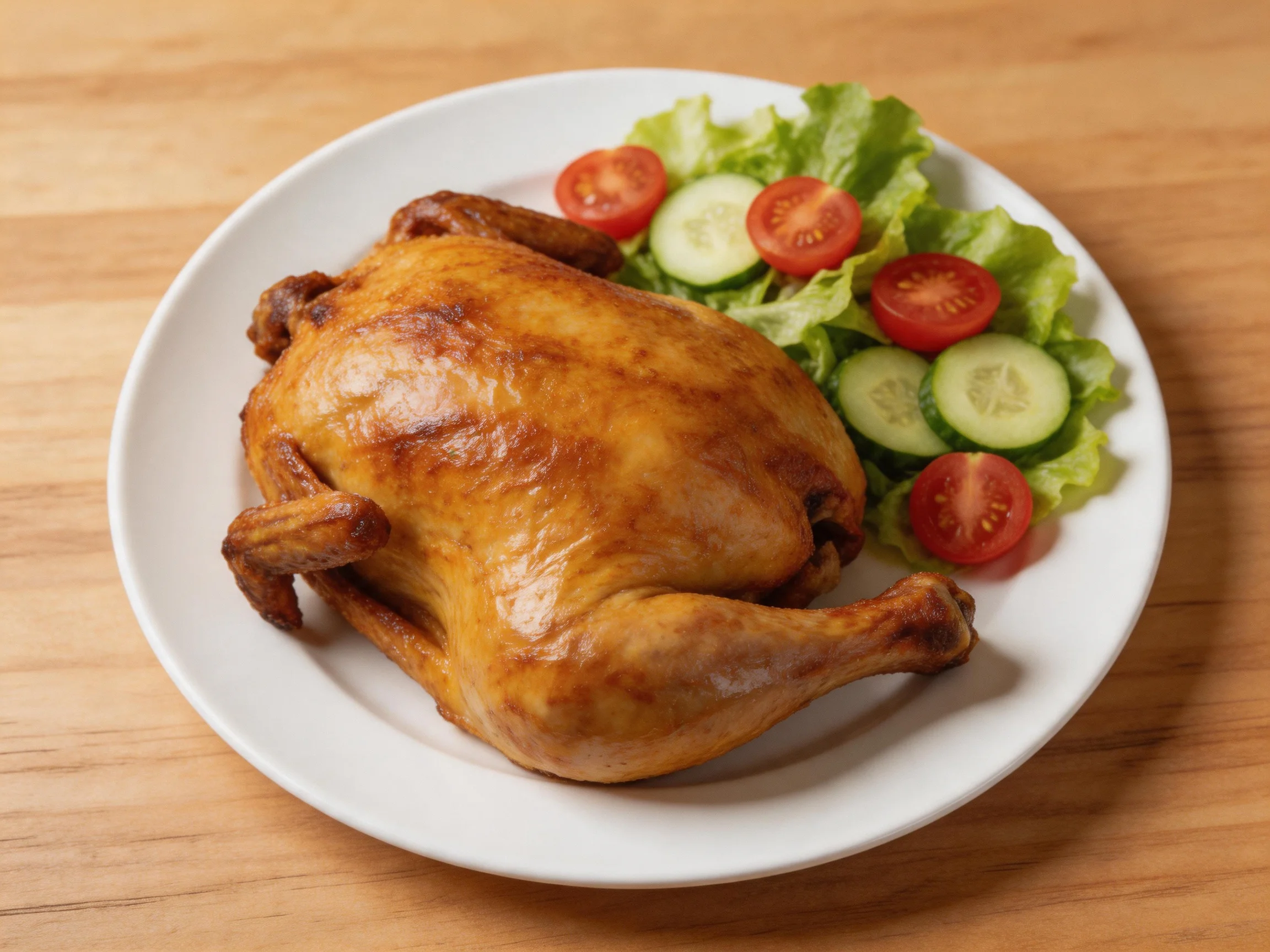 Golden-brown roasted whole chicken served with fresh veggie salad