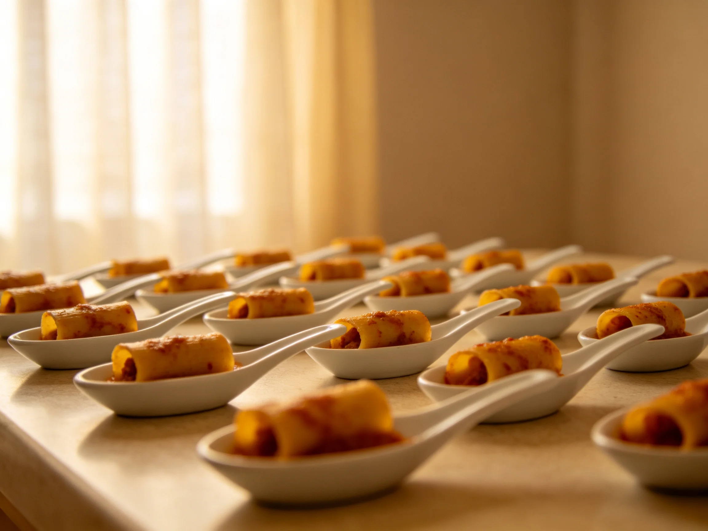 Golden-brown rolled appetizers arranged on white ceramic spoons in multiple rows