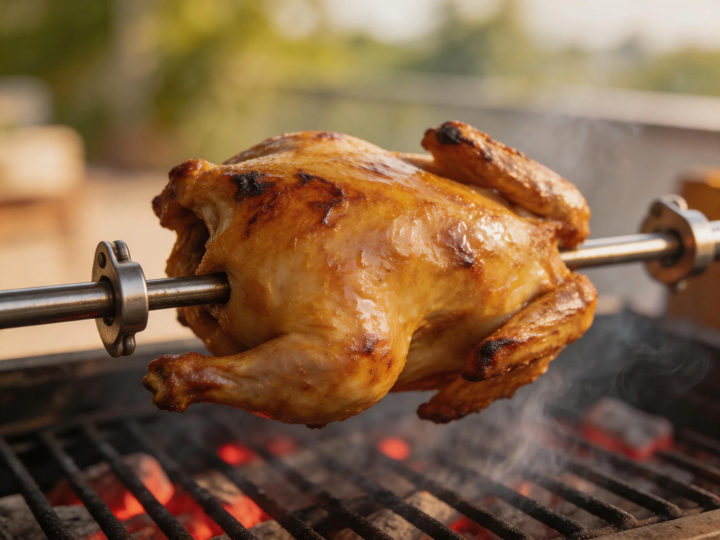 Golden-brown rotisserie chicken roasting over flaming coals