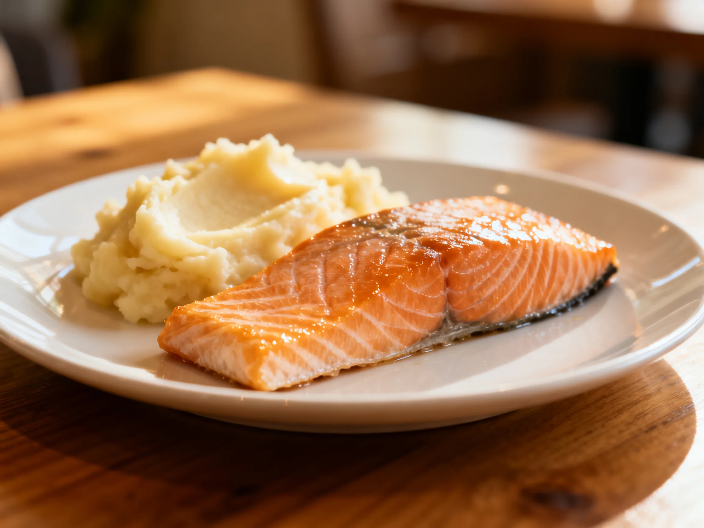 Cooked salmon fillet served with mashed potatoes on a white plate.
