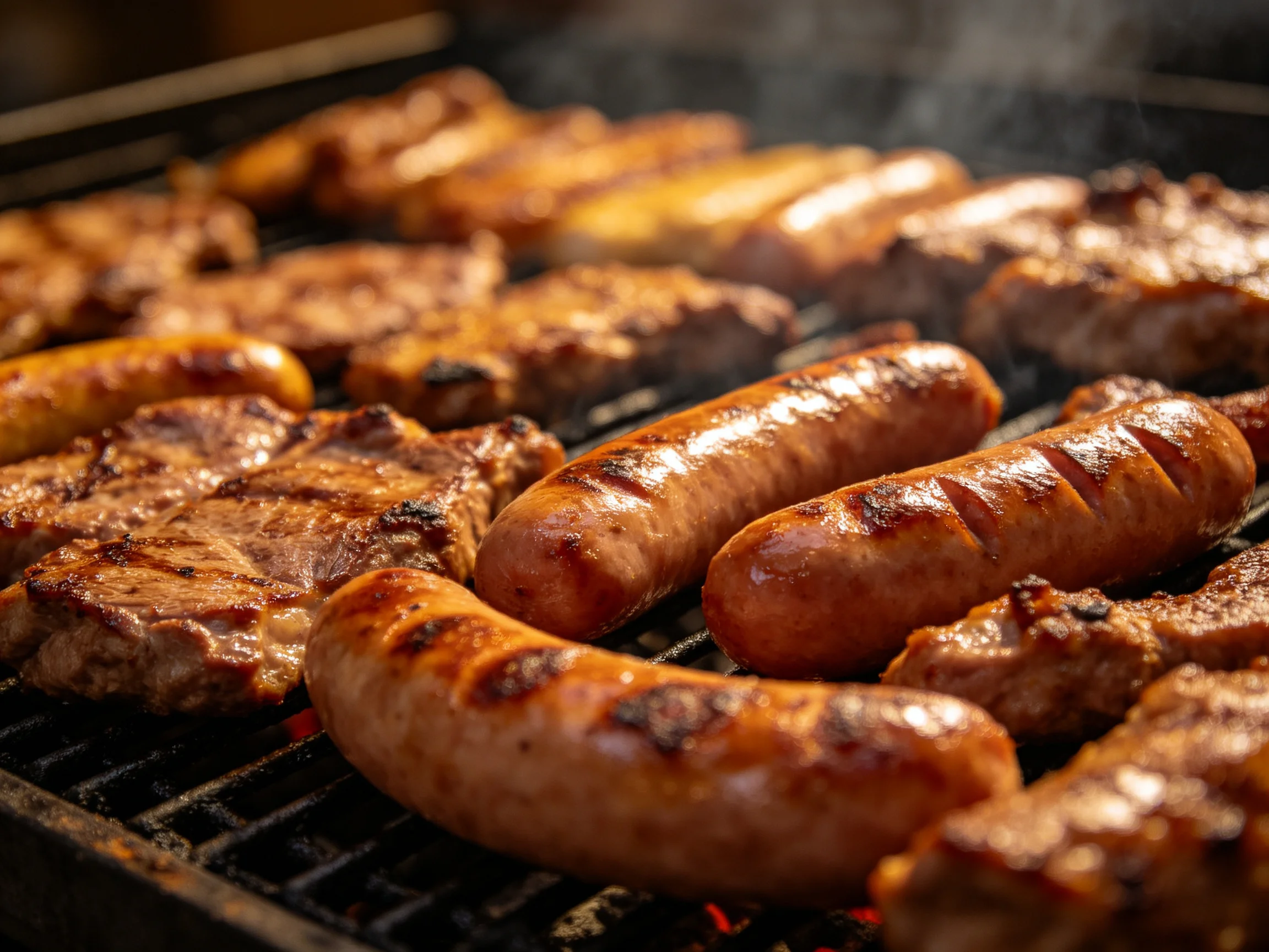 Golden-brown sausages and steaks sizzle on a hot grill amid smoky haze