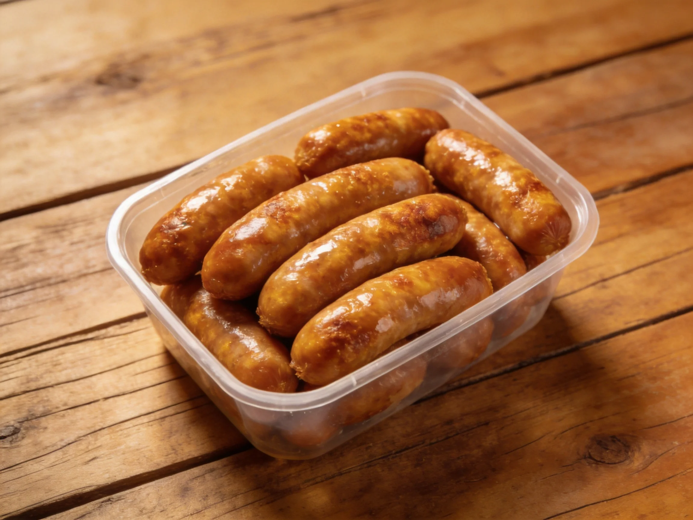 Golden-brown sausages in a clear plastic container on wooden planks