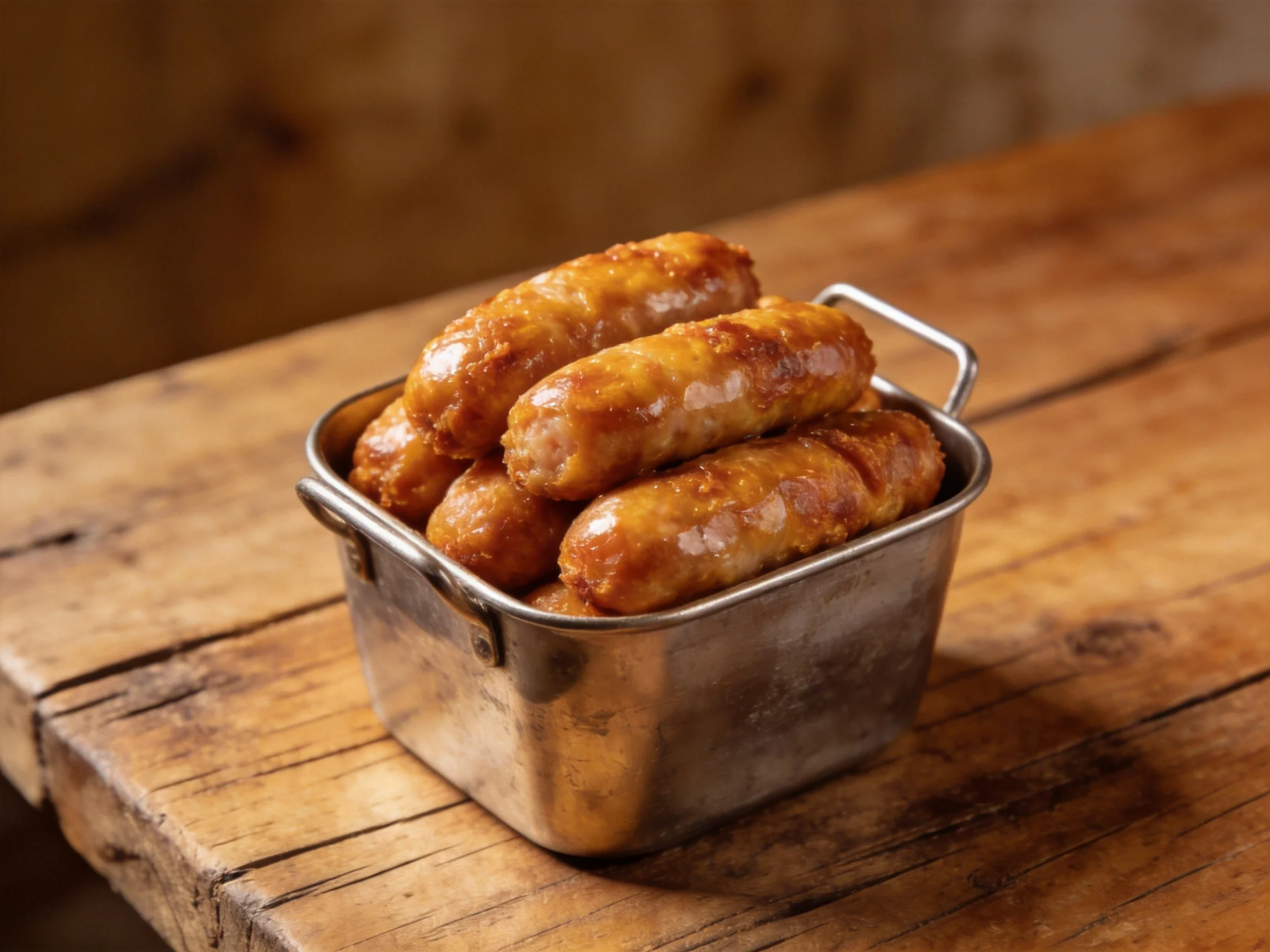 Golden-brown sausages stacked in a small metallic container on a rustic wooden table