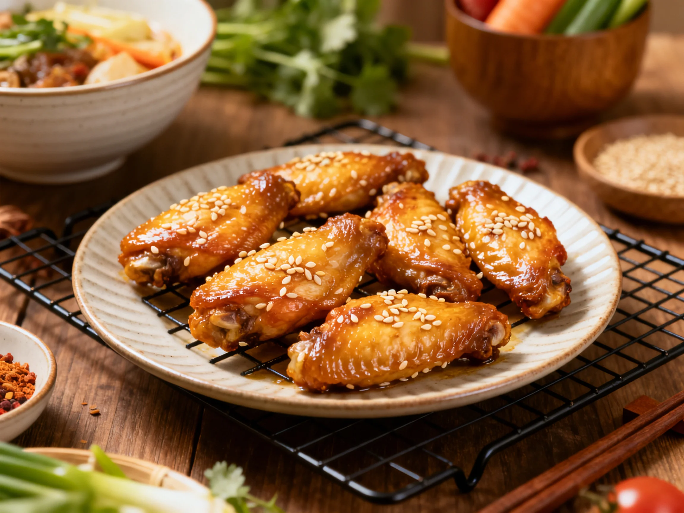 Golden-brown sesame chicken wings on a ceramic plate amid assorted dishes.