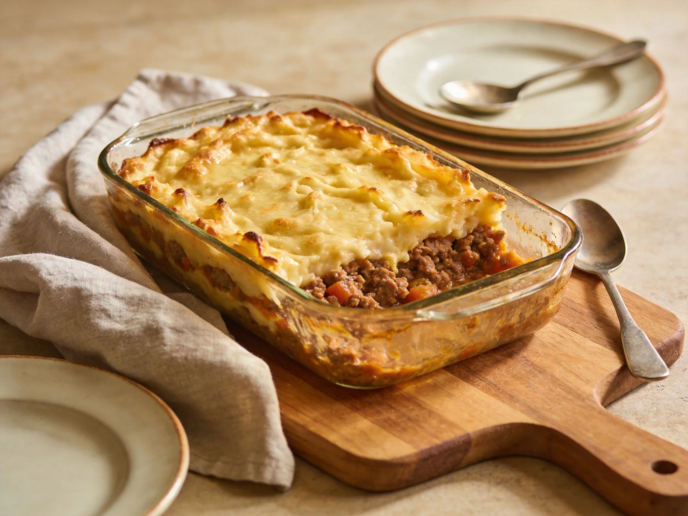 Golden-brown shepherd’s pie in a clear glass baking dish