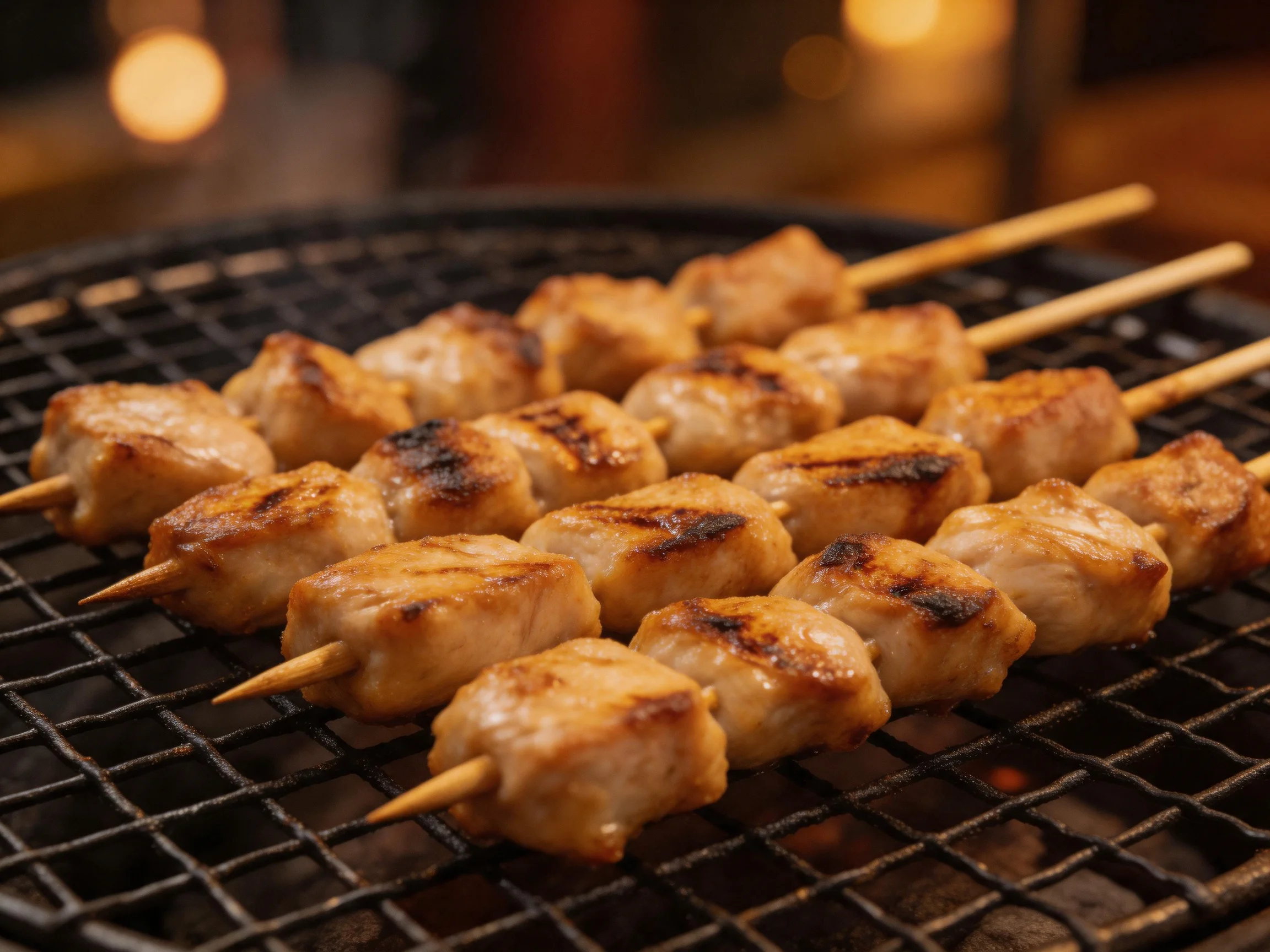 Golden-brown skewered meat grilling on a black metal rack