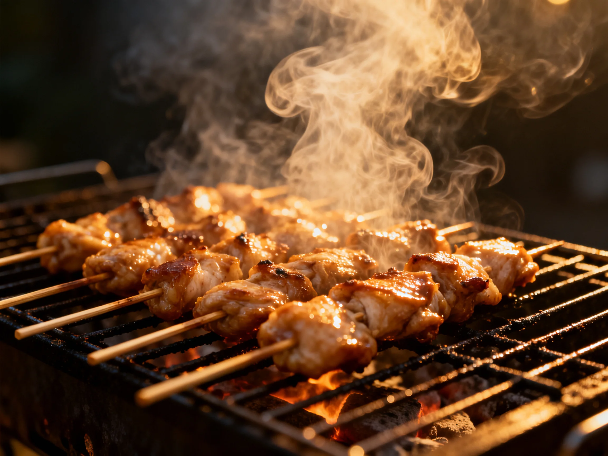 Golden-brown skewers sizzling on a charcoal grill with rising smoke