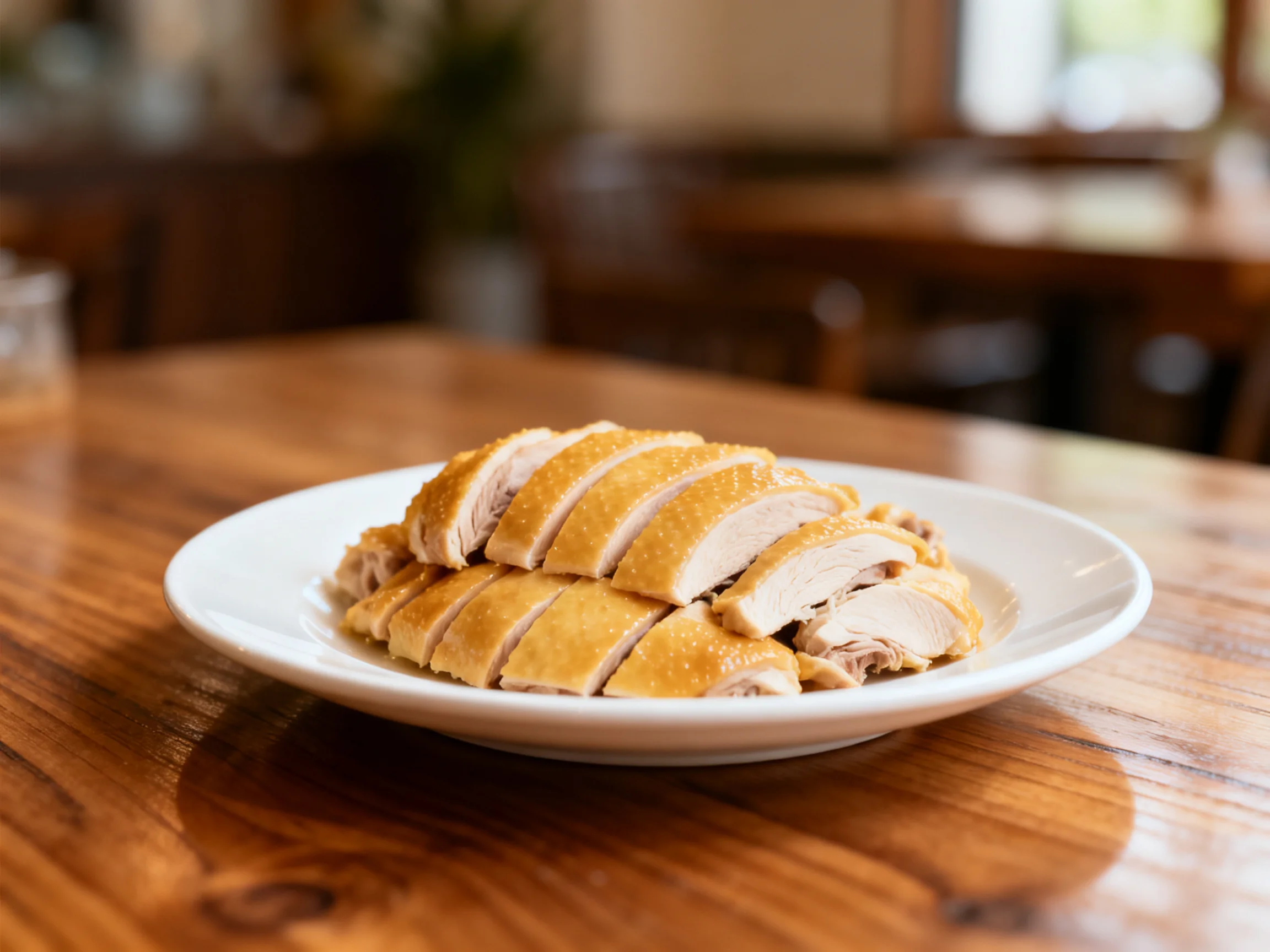 Golden-brown sliced chicken on a white plate