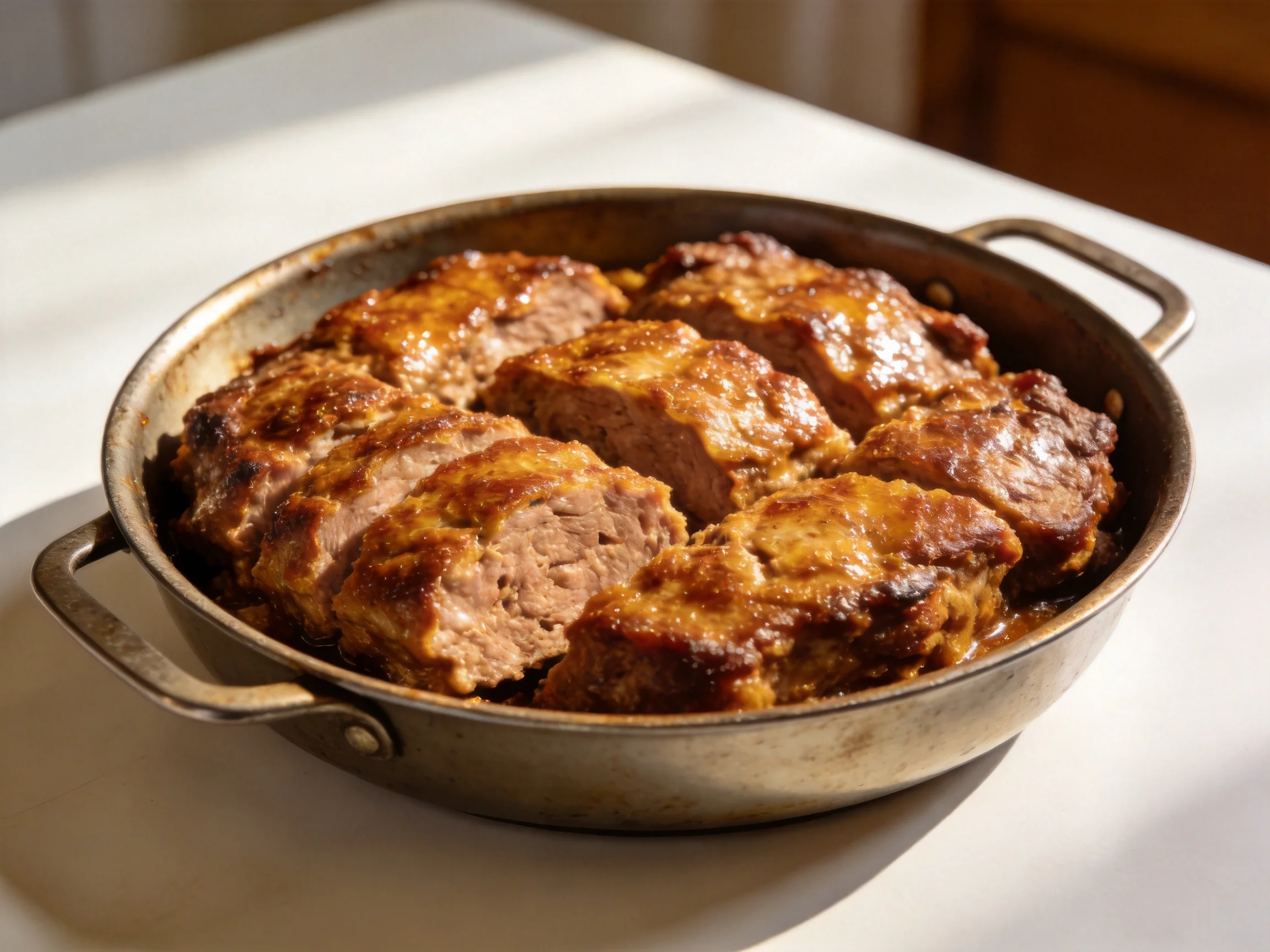 Golden-brown sliced meatloaf in an aged metal baking dish