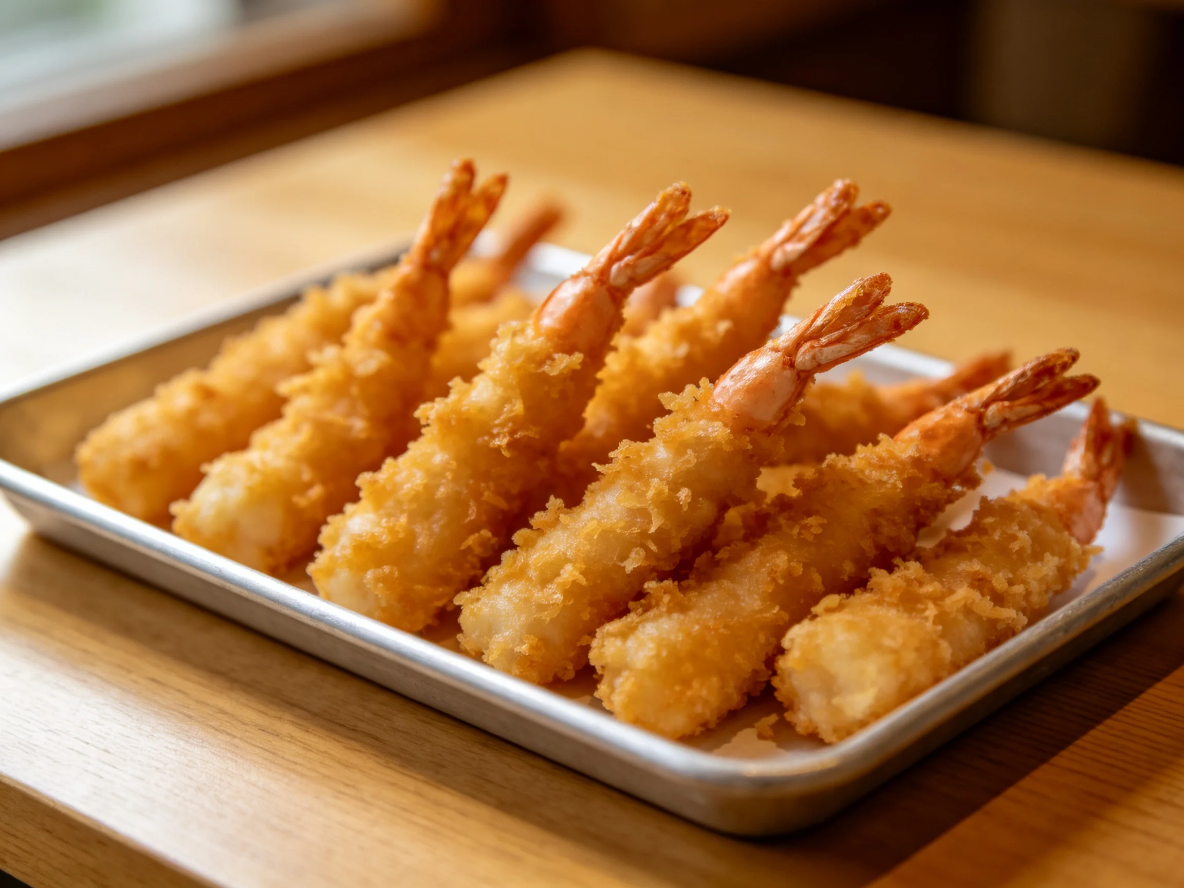 Golden-brown tempura shrimp served on a metal tray