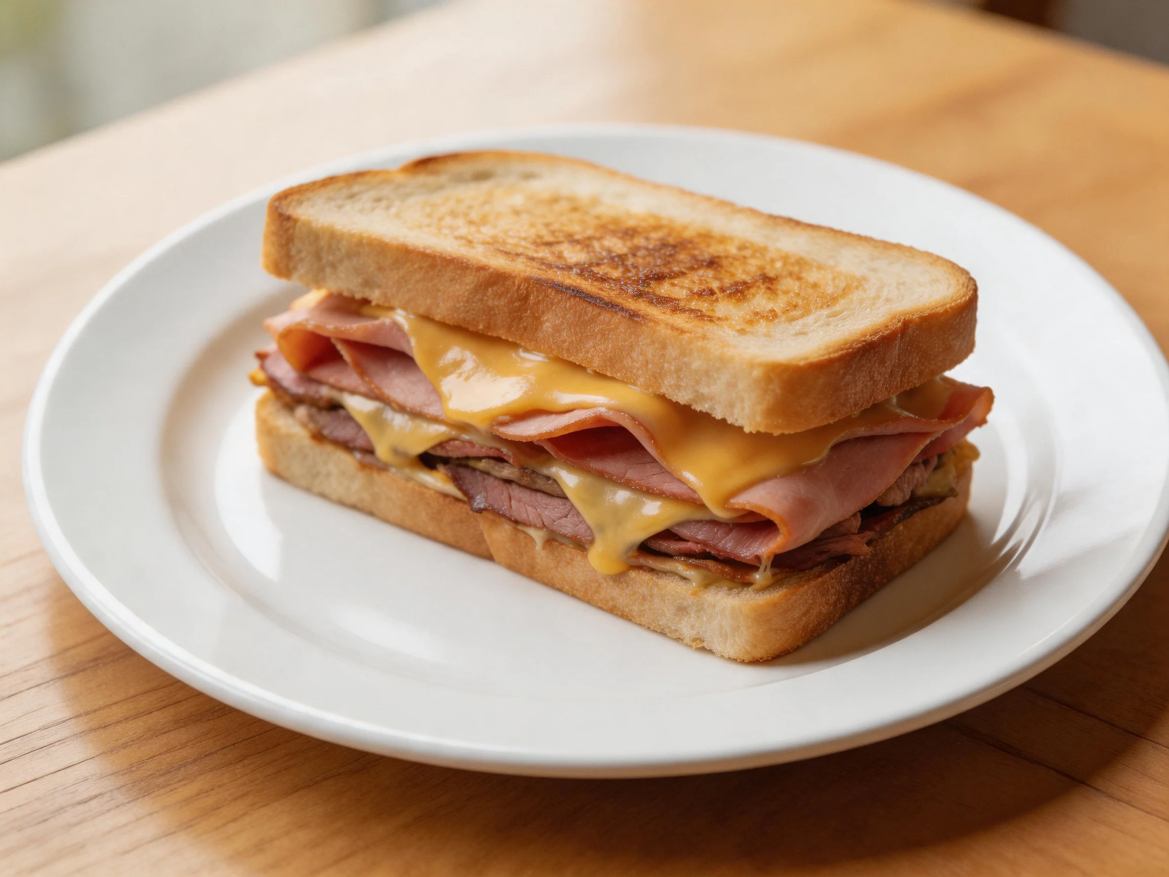 Golden-brown toasted sandwich with layers of ham and melted cheese
