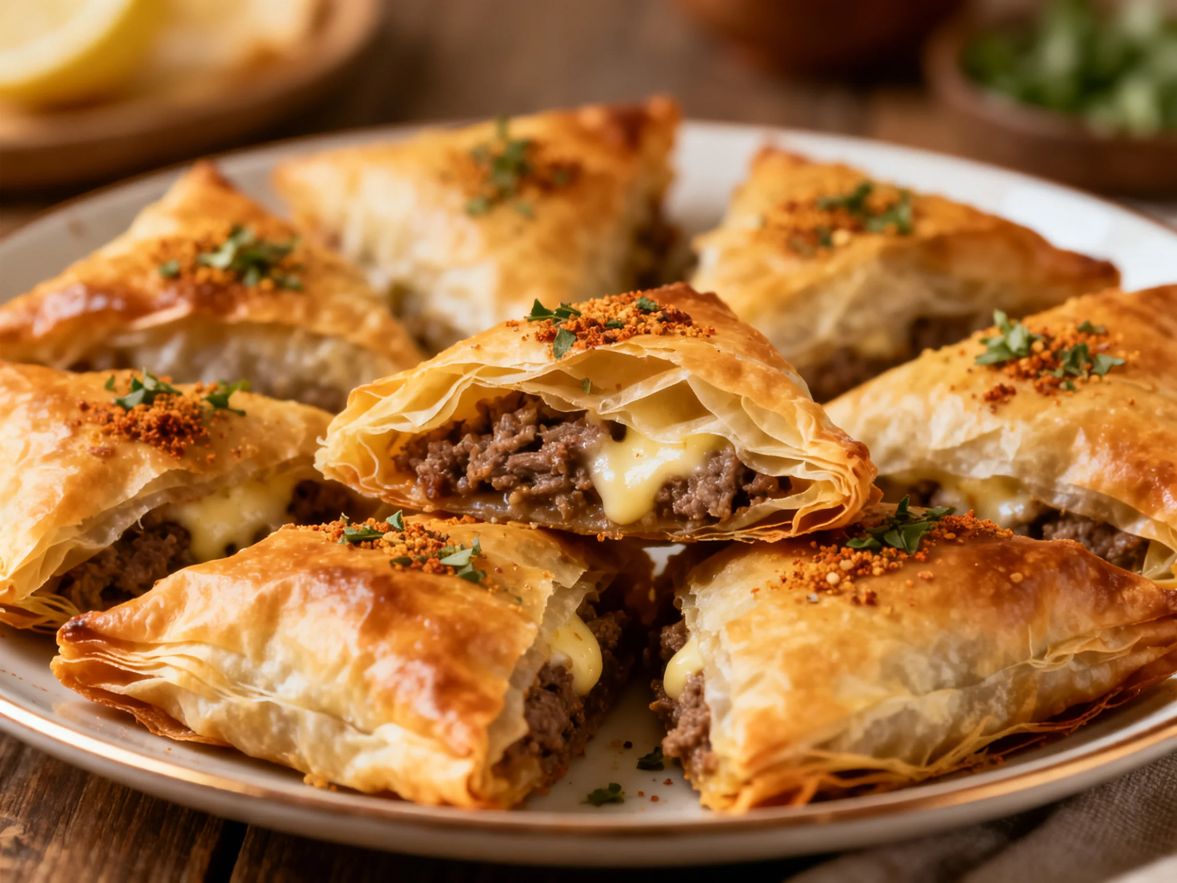 Golden-brown triangular pastries filled with meat and cheese on a plate