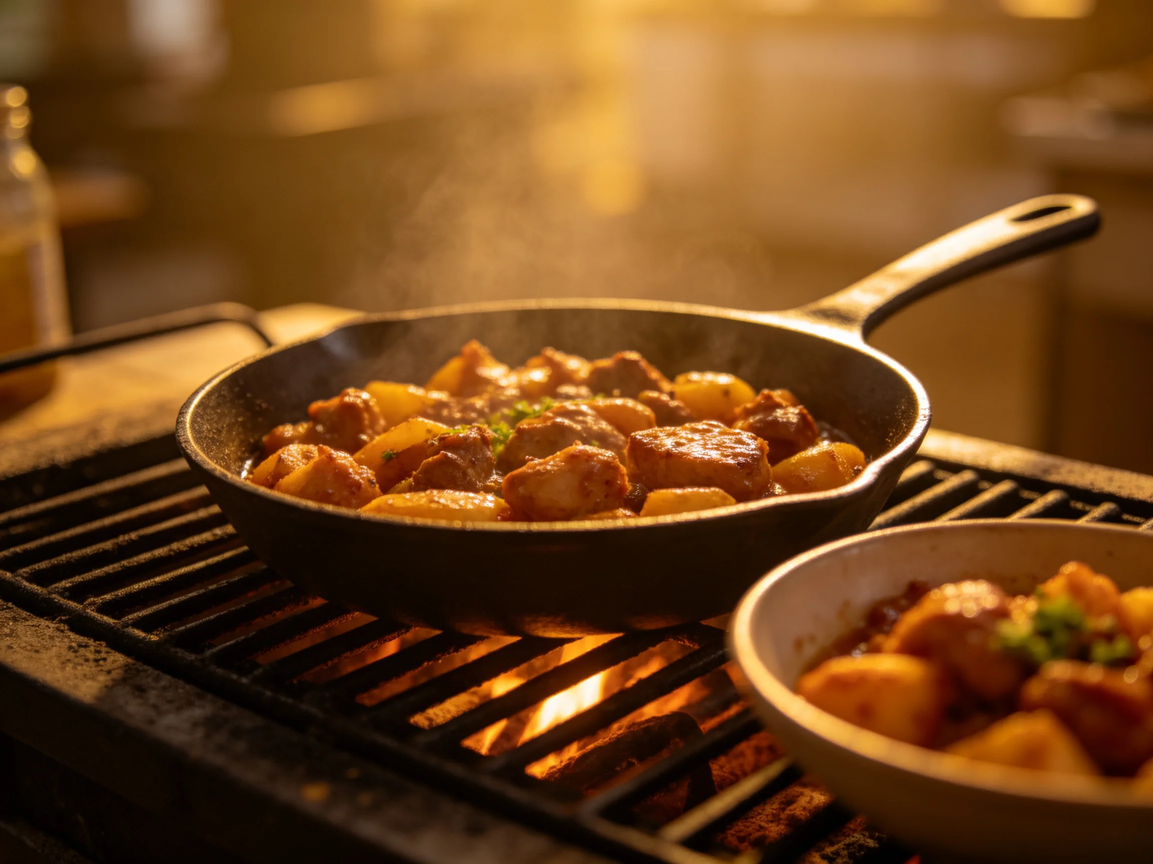 Golden cast iron skillet cooks meat and potatoes over a glowing grill