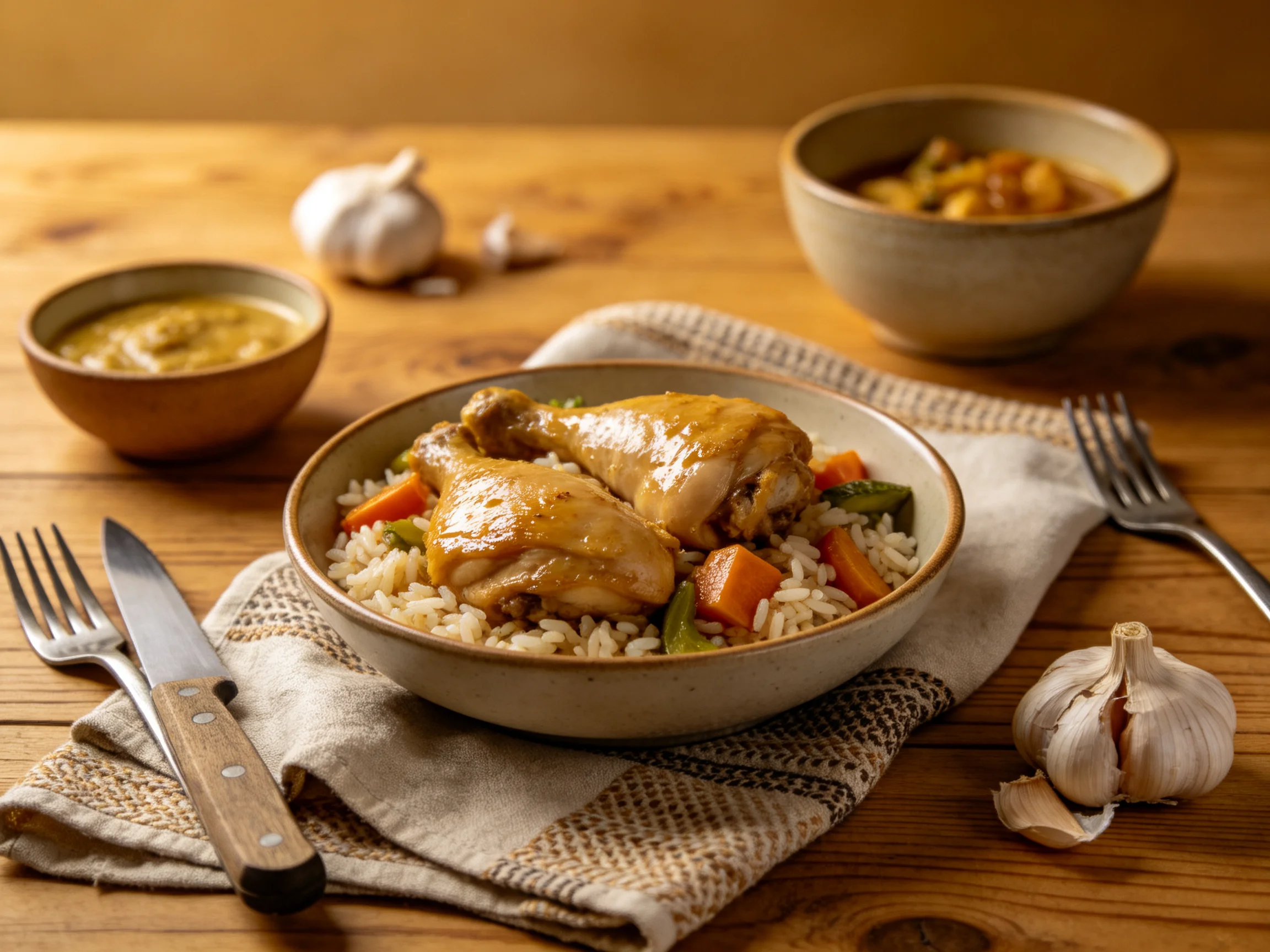 Golden chicken and rice dish with garlic on wooden table