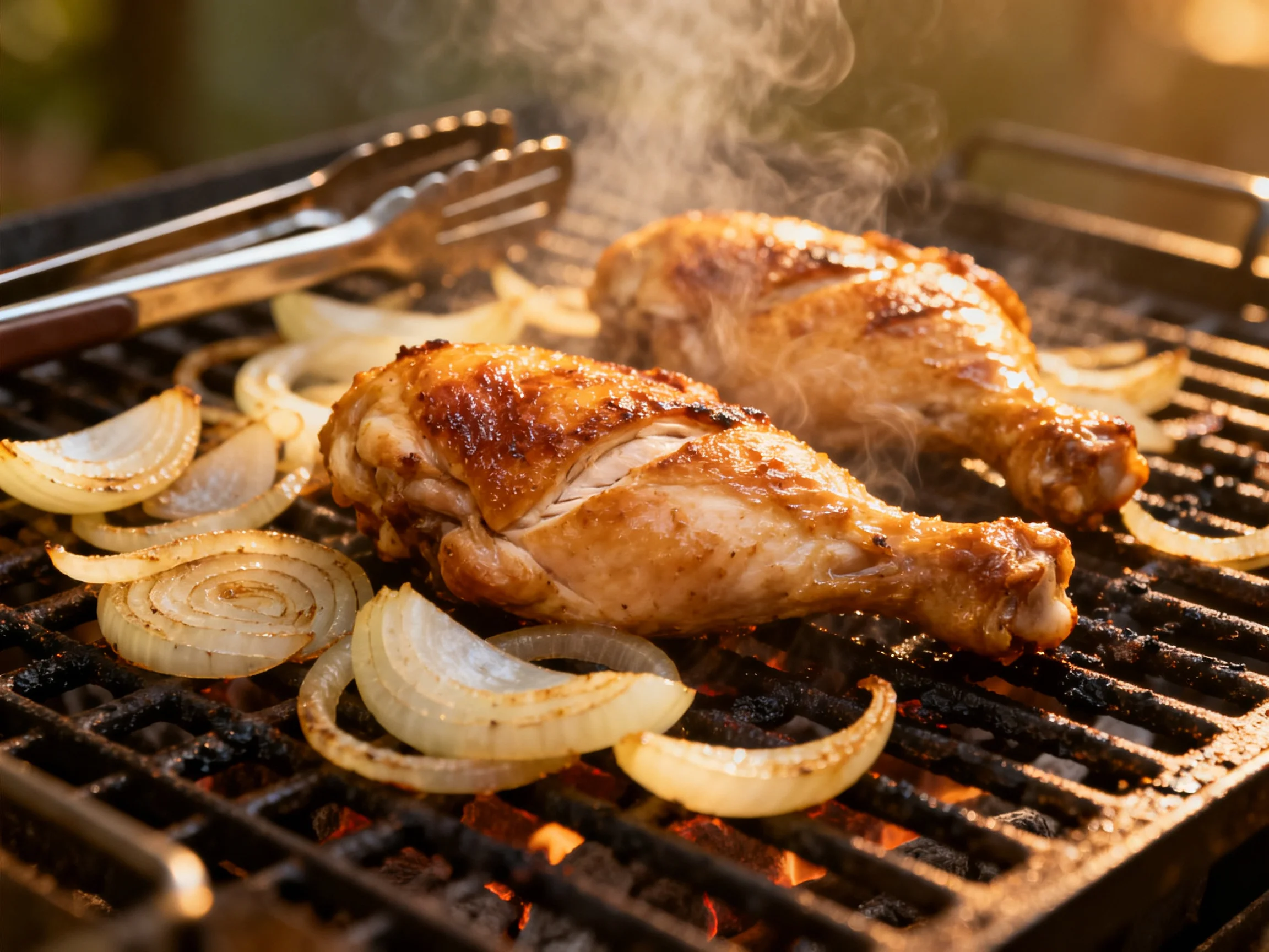 Golden chicken legs and caramelized onions slices grill over smoldering embers