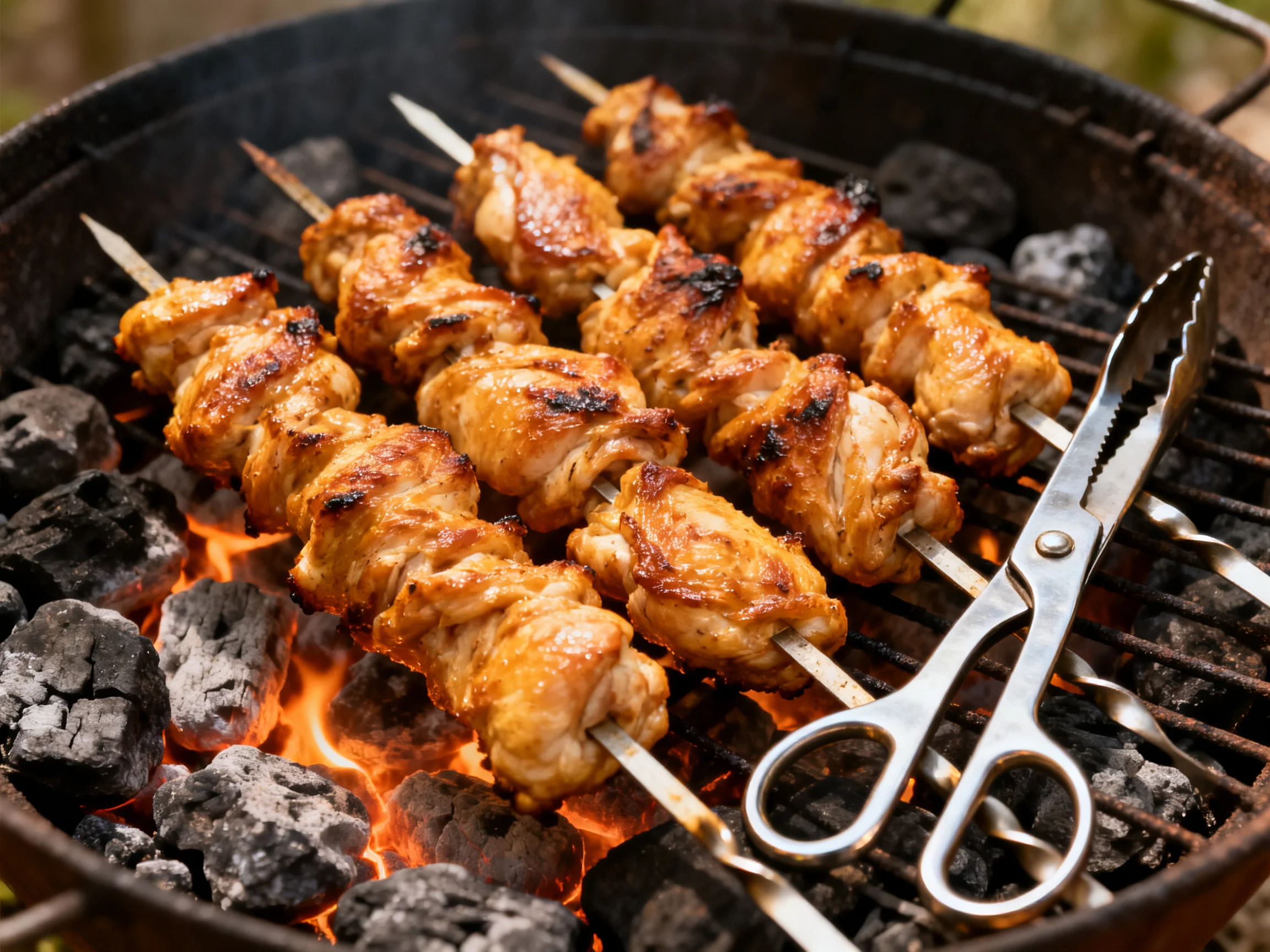 Golden chicken skewers barbecue over glowing charcoal embers