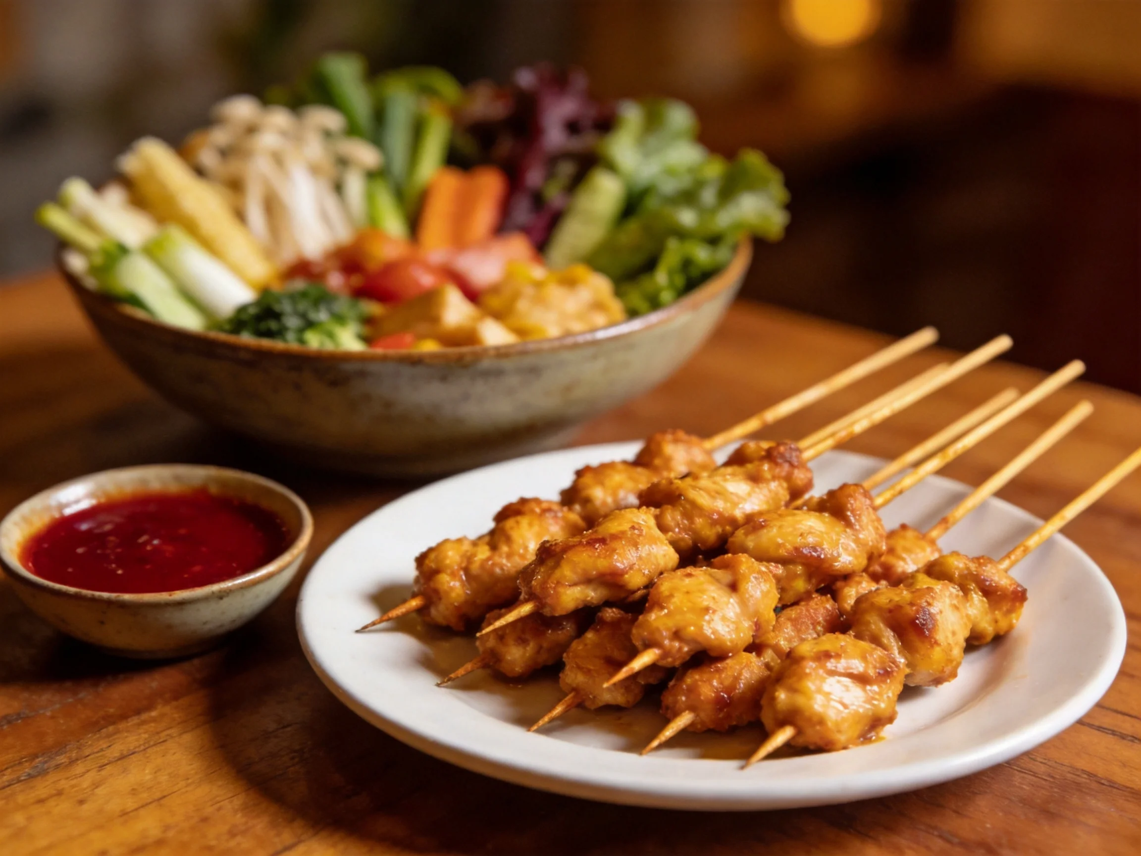 Golden chicken skewers, vibrant veggie platter, and red sauce on wooden surface