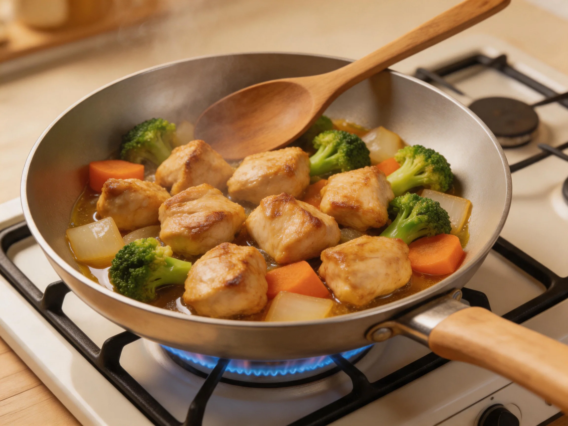 Golden chicken stir - fry with broccoli, carrots, and onions in a skillet