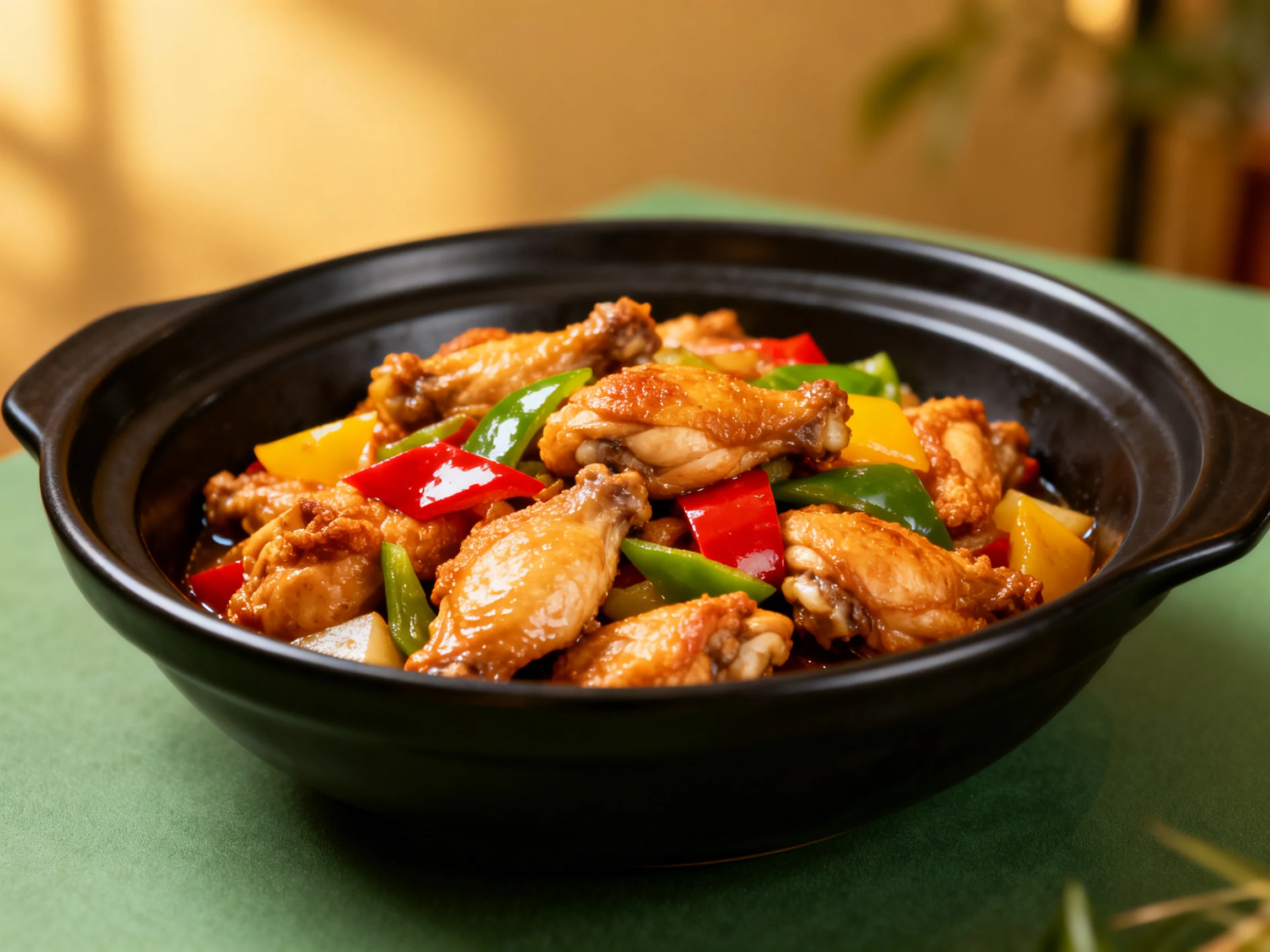 Golden chicken wings and bell peppers in a black clay pot