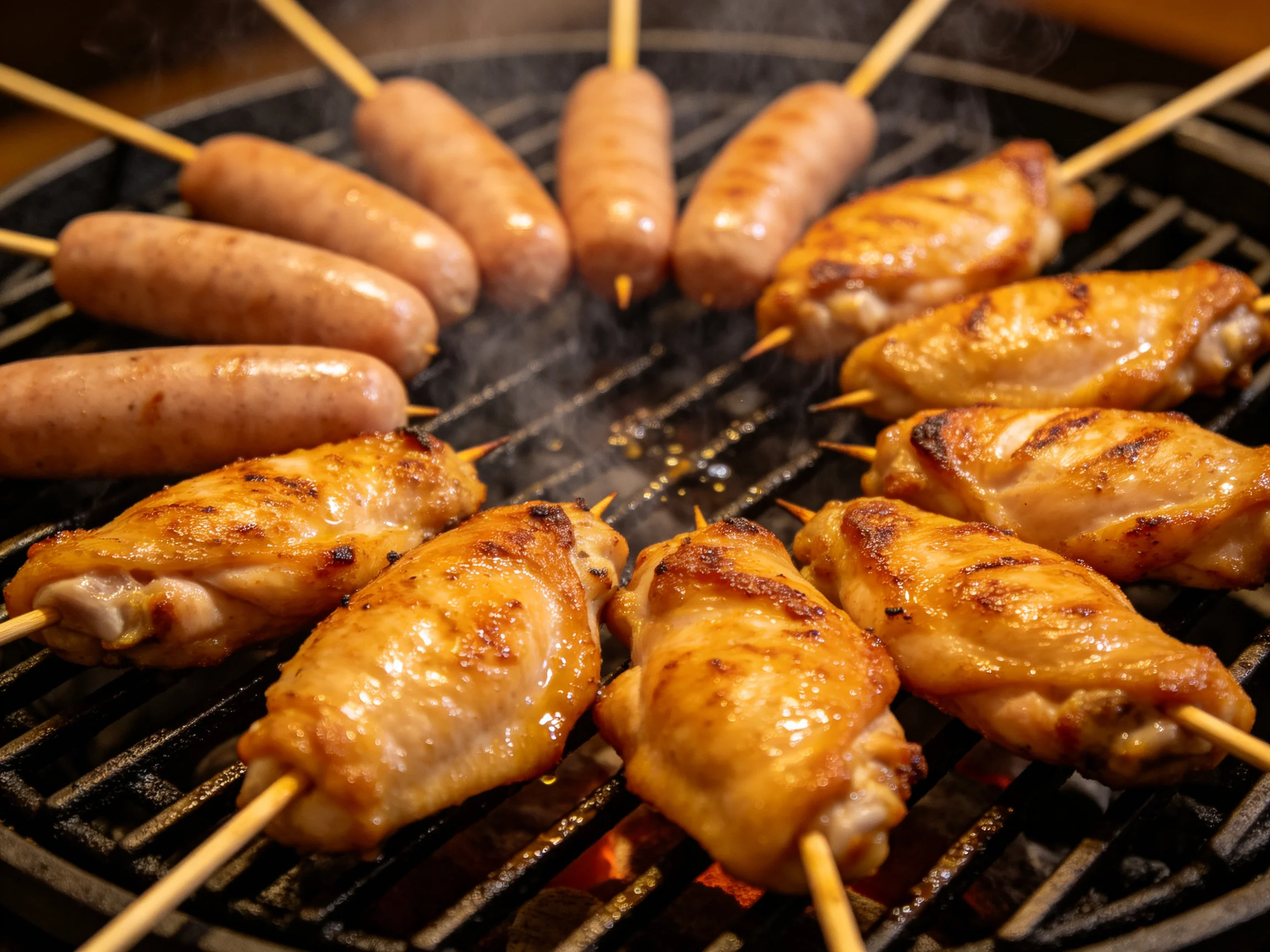 Golden chicken wings and brown sausages grilled on skewers