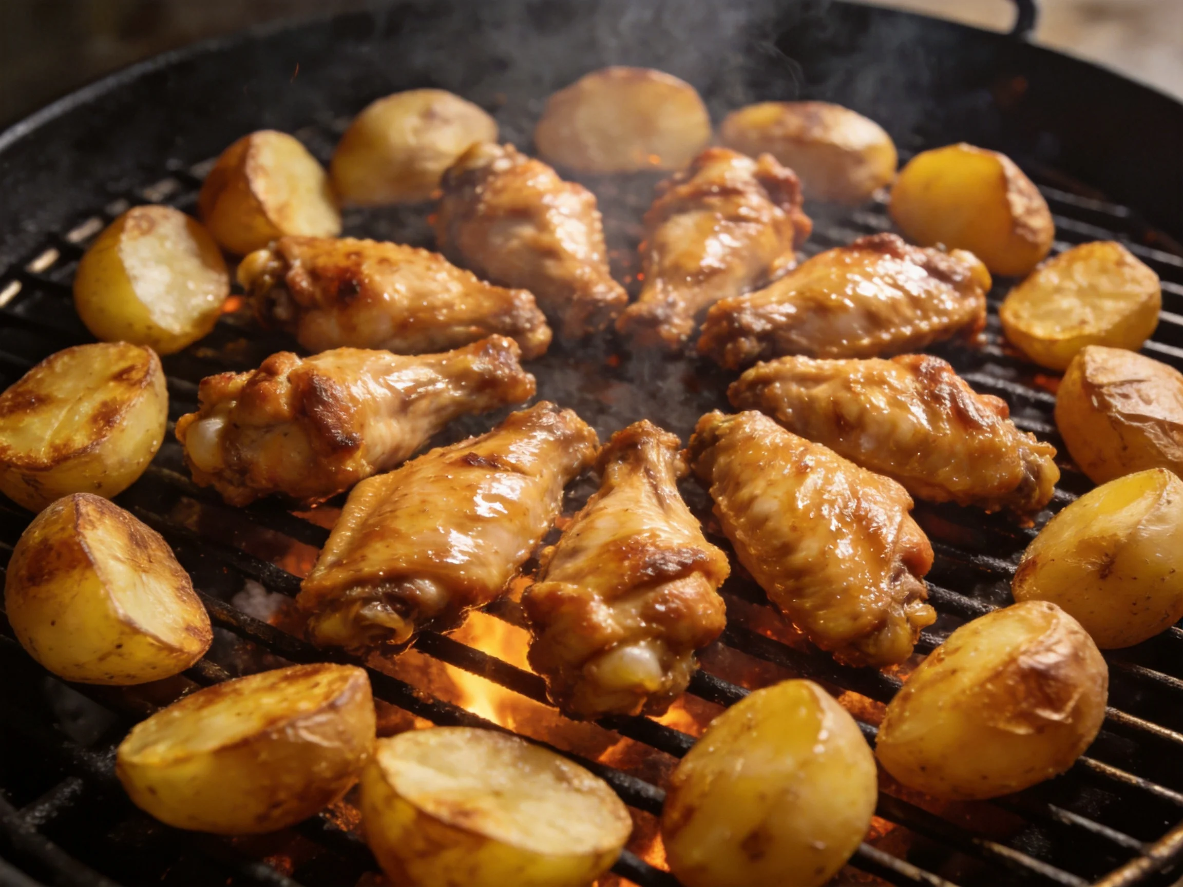 Golden chicken wings and roasted potato halves sizzle on a charcoal grill