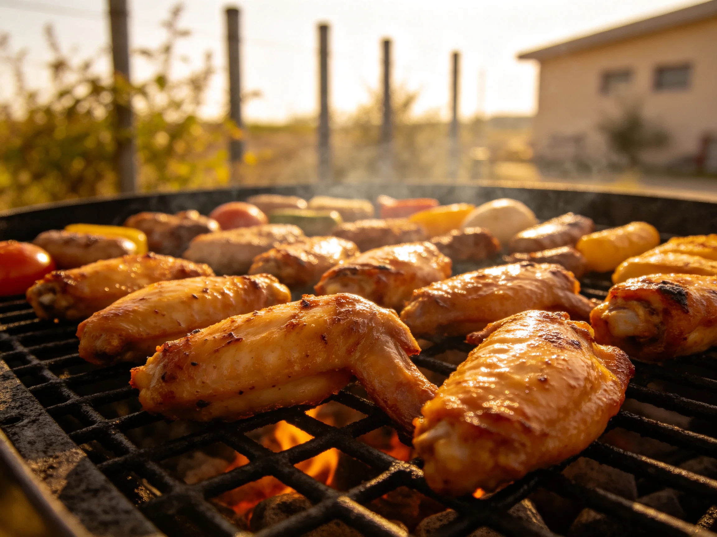 Golden chicken wings and vegetables sizzle on an outdoor charcoal grill