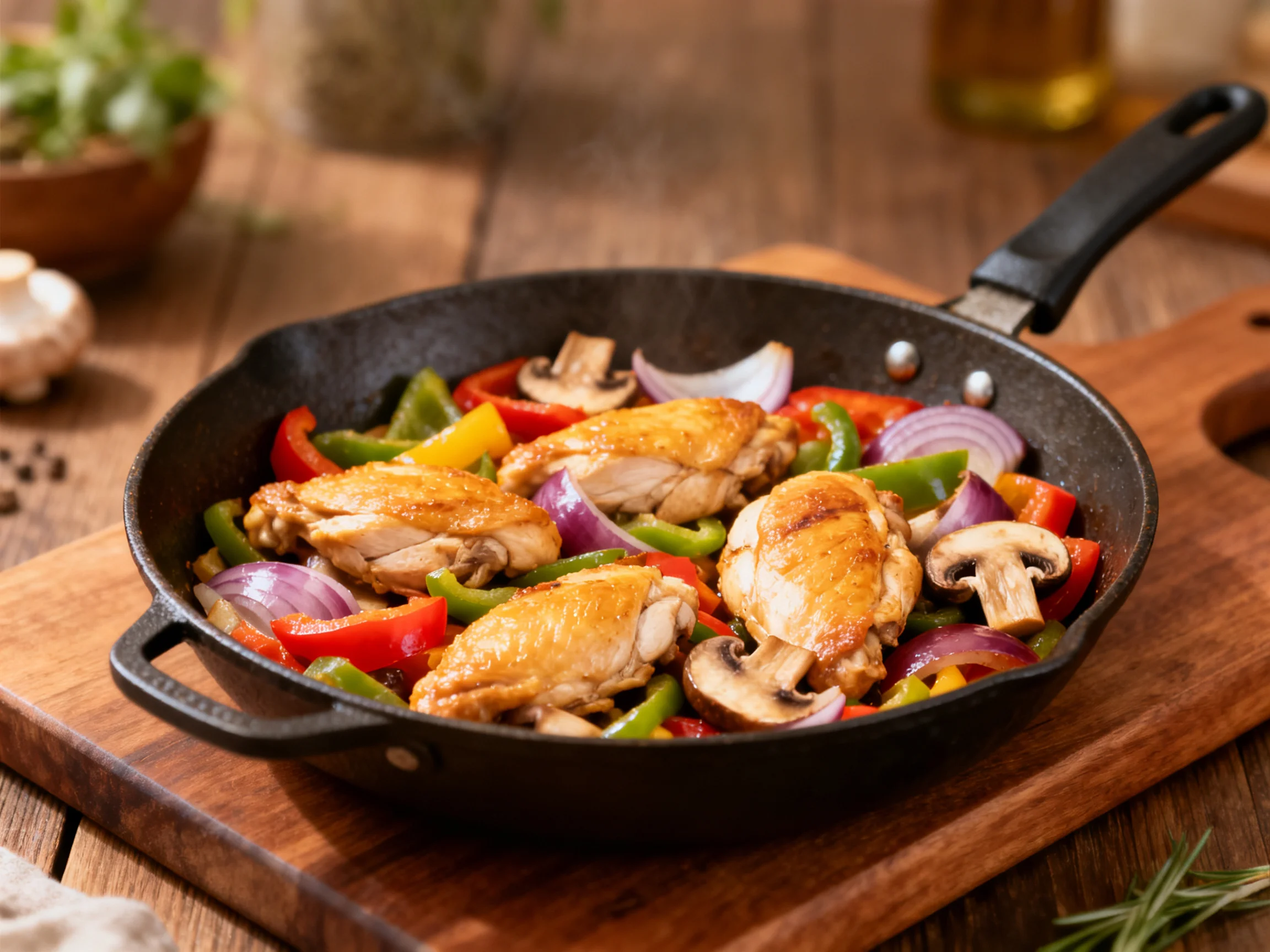 Golden chicken wings with colorful vegetables in cast iron skillet