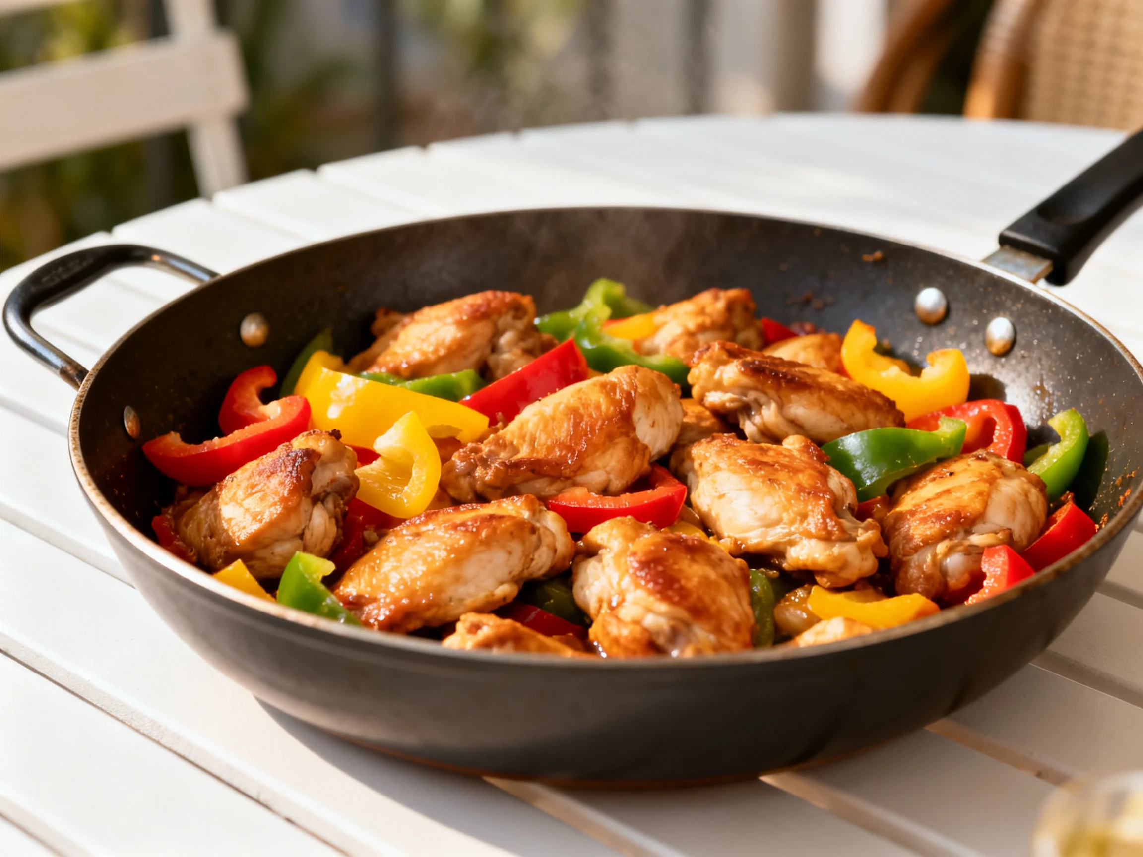 Golden chicken wings with red, yellow, green peppers in a skillet