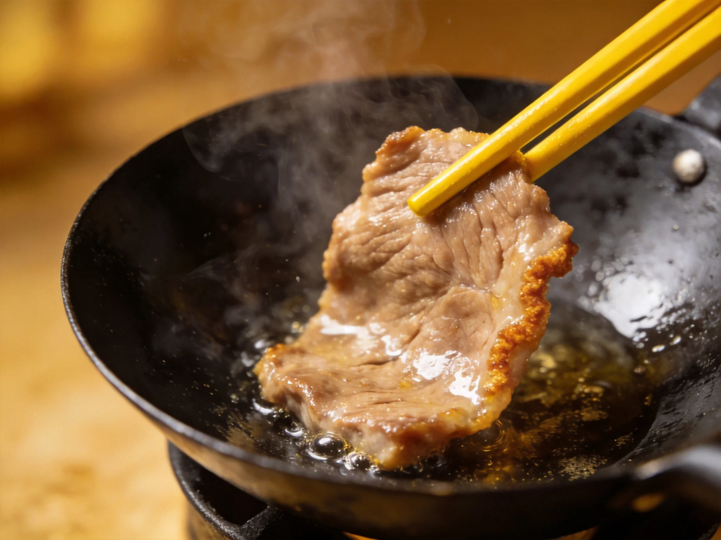 Golden chopsticks lifting seared pork slice from hot wok