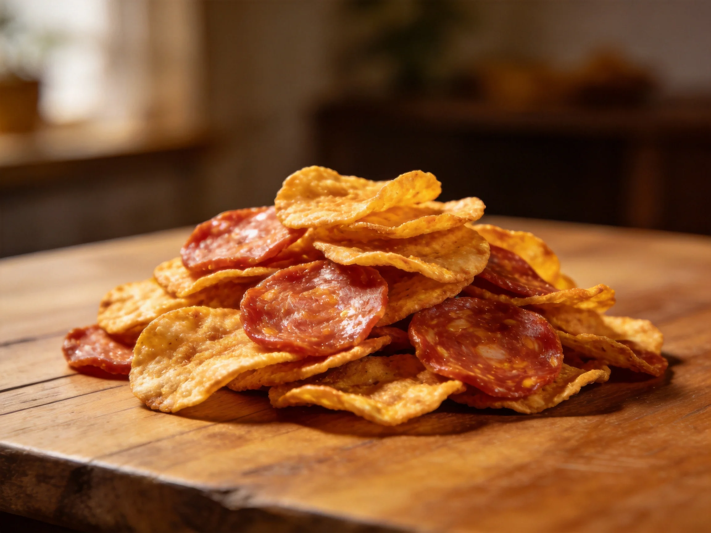 Golden corn chips and pepperoni slices piled high on a wooden board