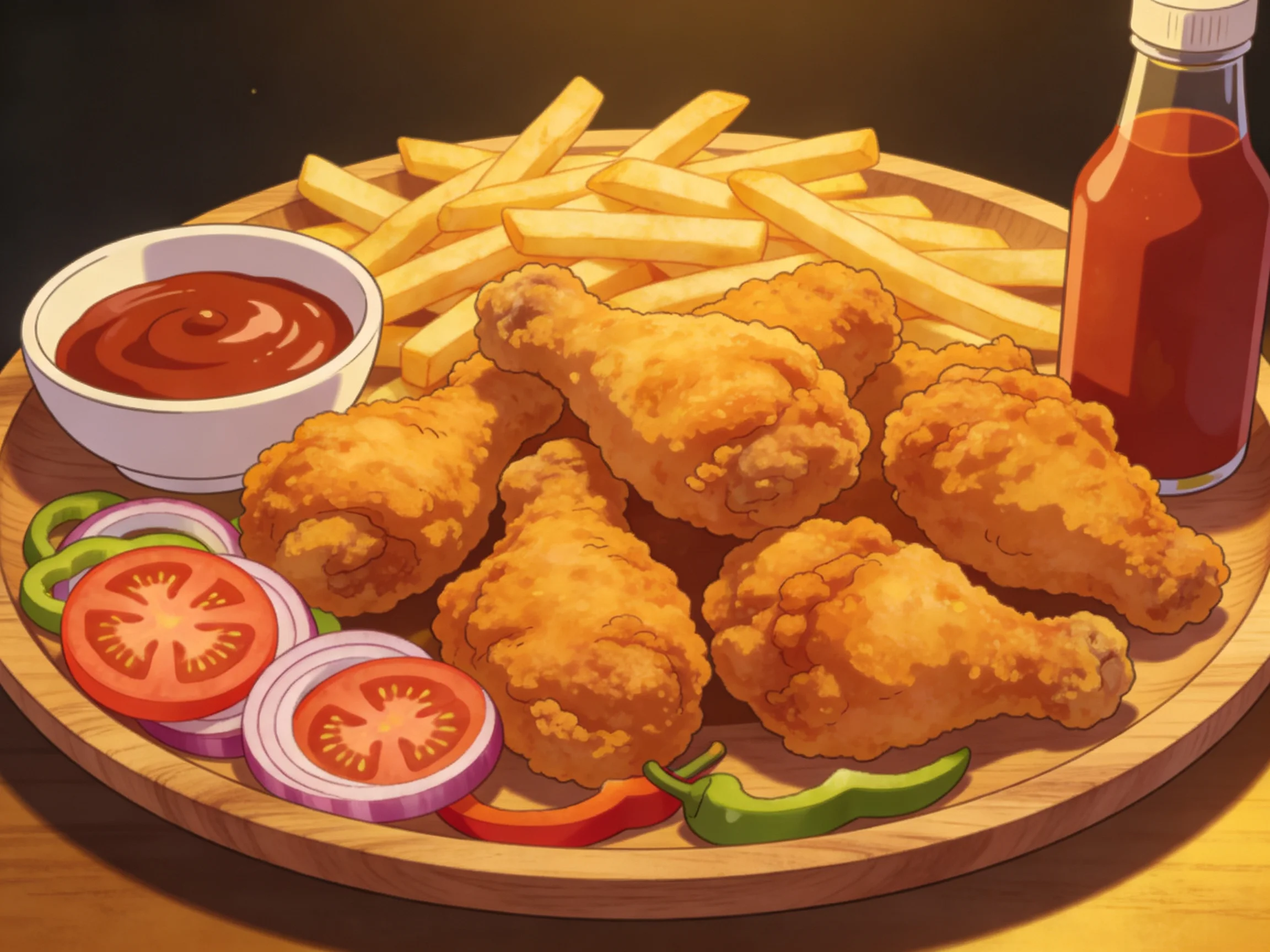 Golden crispy fried chicken, thick-cut fries, and fresh vegetable slices with sauces.