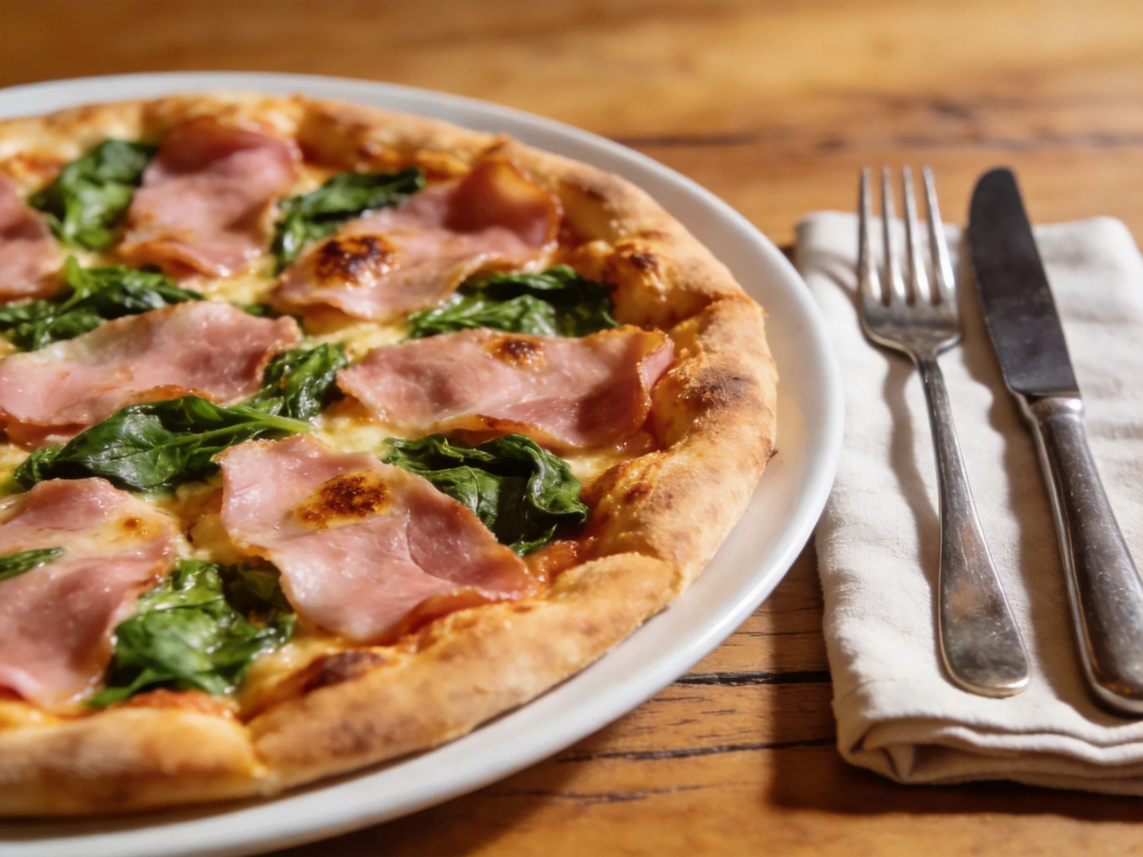Golden-crust ham and spinach pizza on white plate