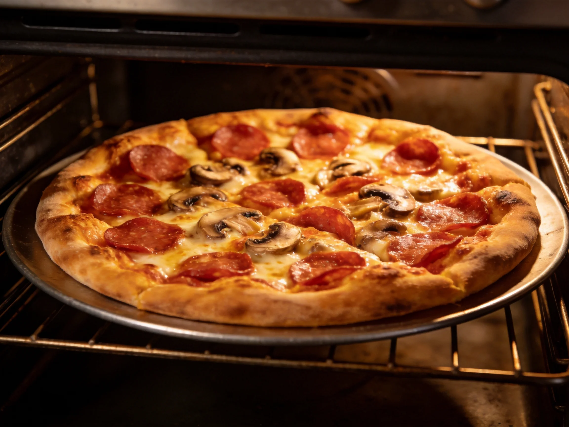 Golden-crust pepperoni and mushroom pizza baking in an oven