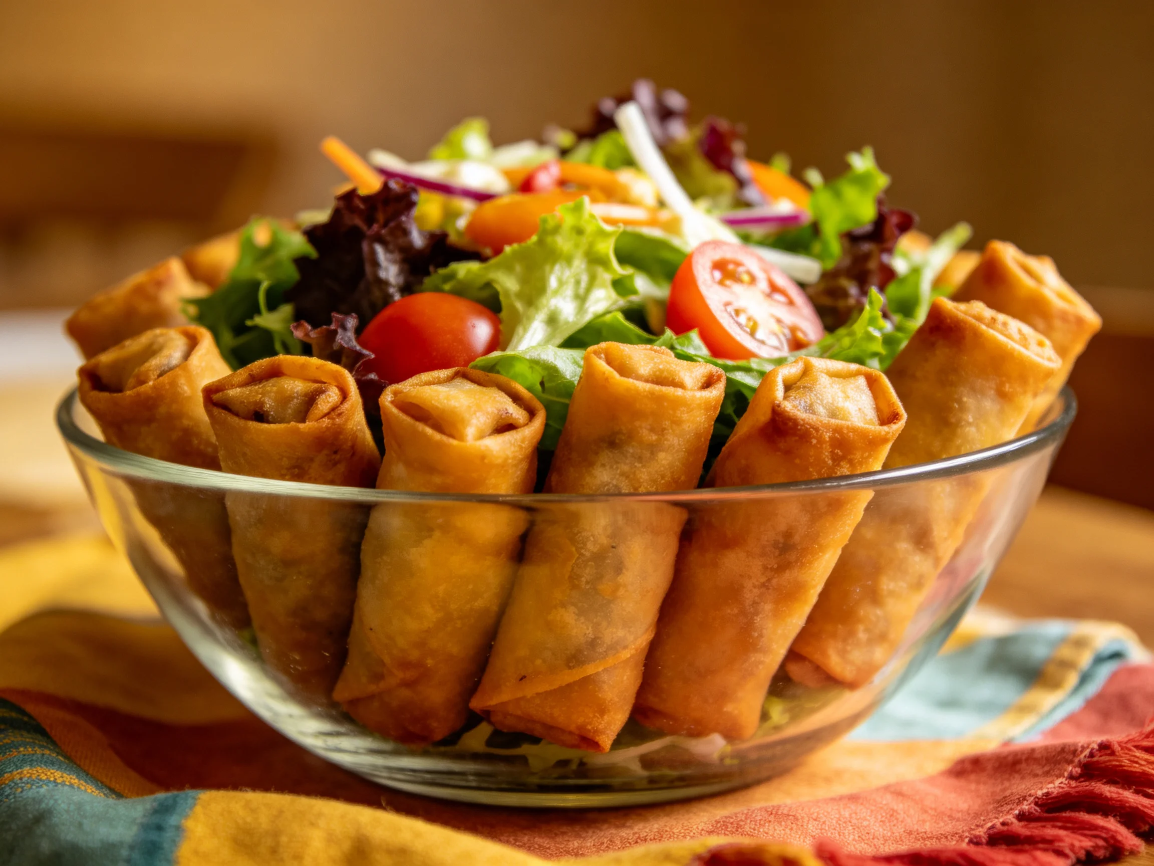 Golden egg rolls encircle mixed green salad in a glass bowl