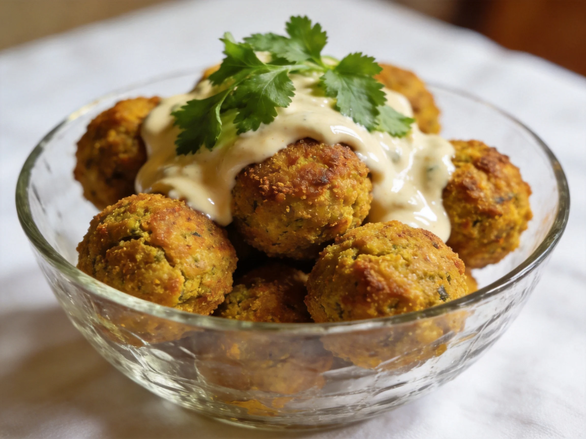 Golden falafel balls in a glass bowl with creamy sauce and cilantro