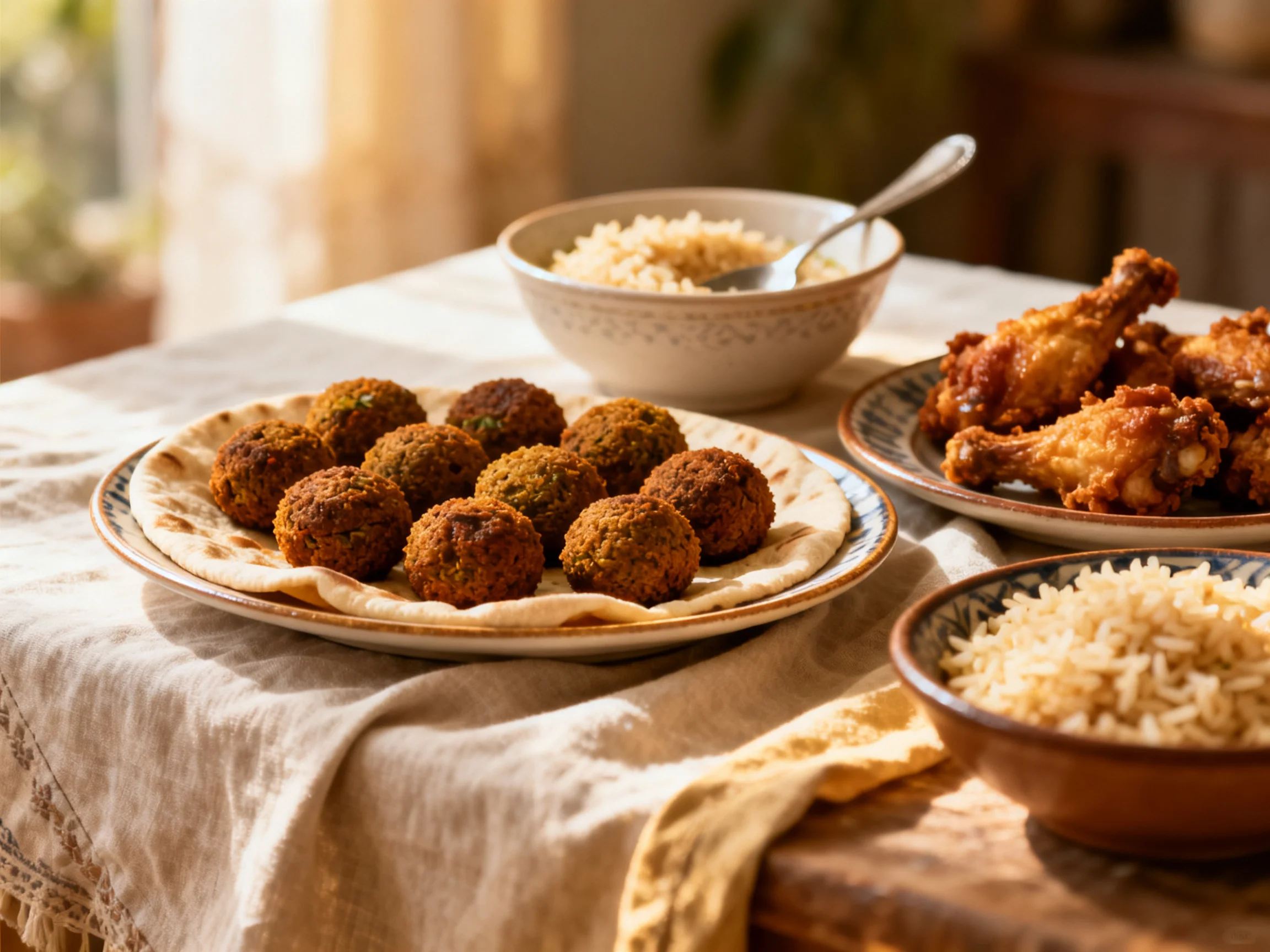 Golden falafel, fried chicken, and rice on a wooden table