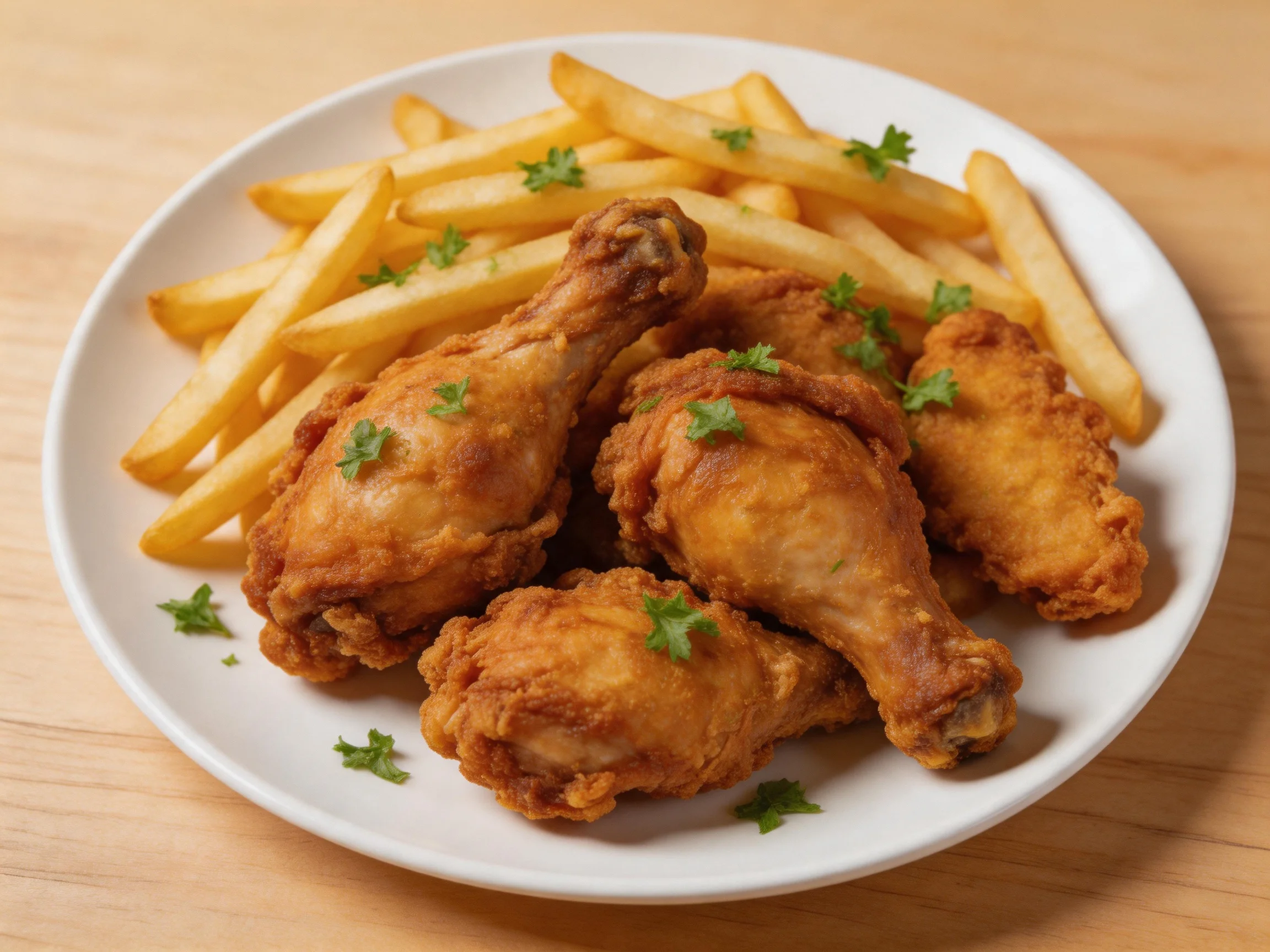 Golden fried chicken and crispy French fries on a white plate