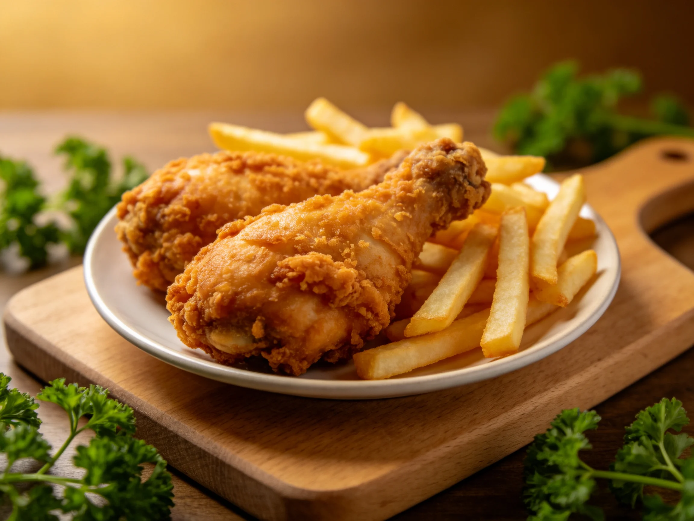 Golden fried chicken and crispy fries on a wooden serving board