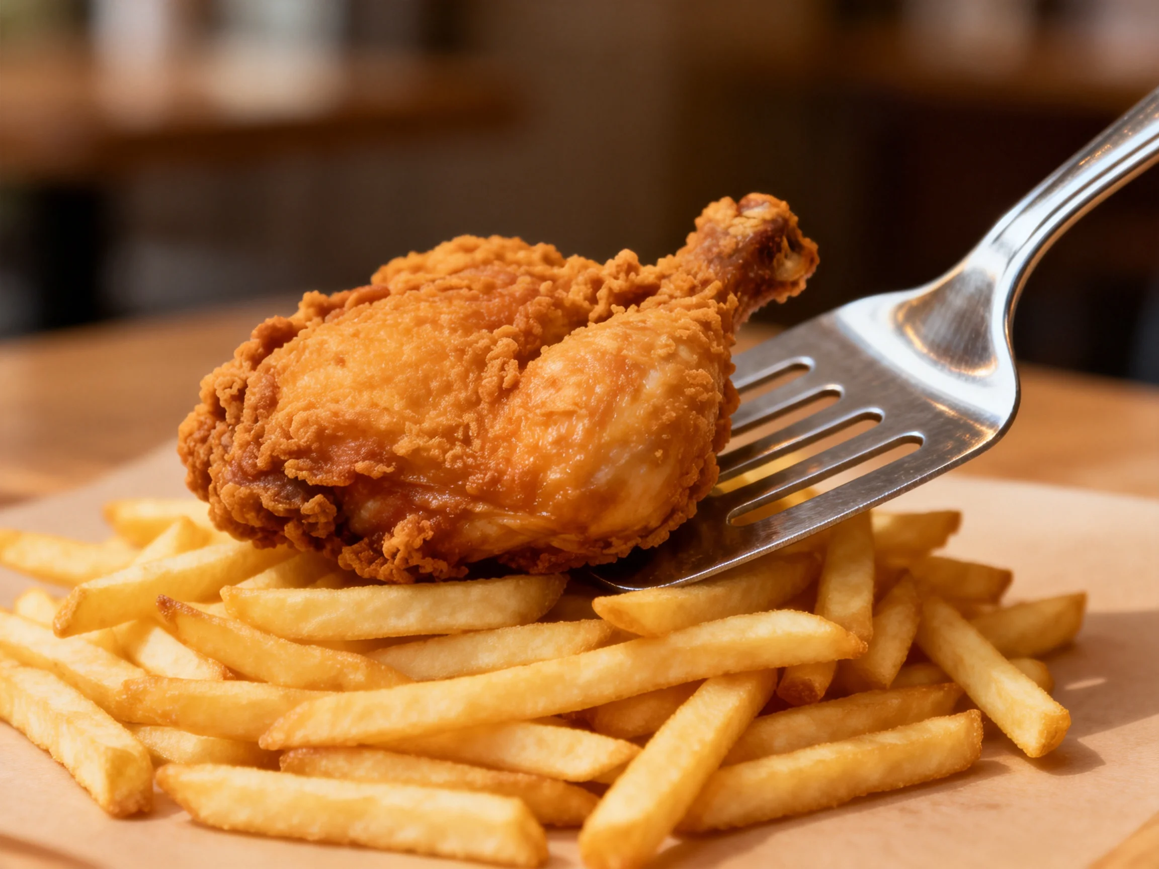 Golden fried chicken leg resting on crispy French fries