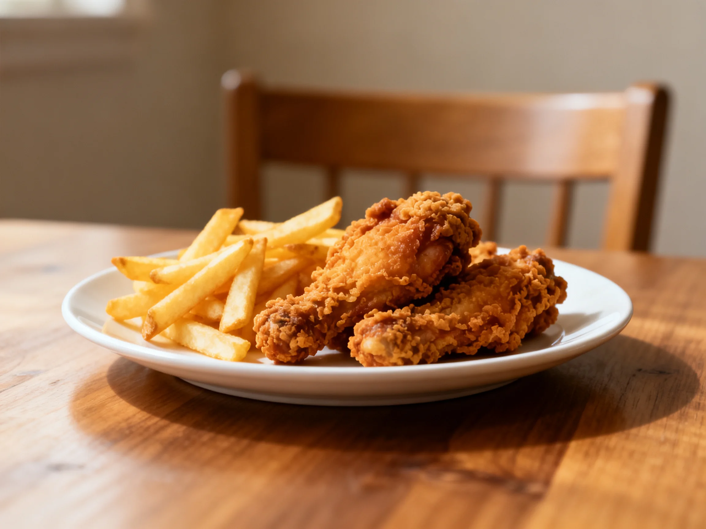Golden fried chicken wings and crispy French fries on a white plate